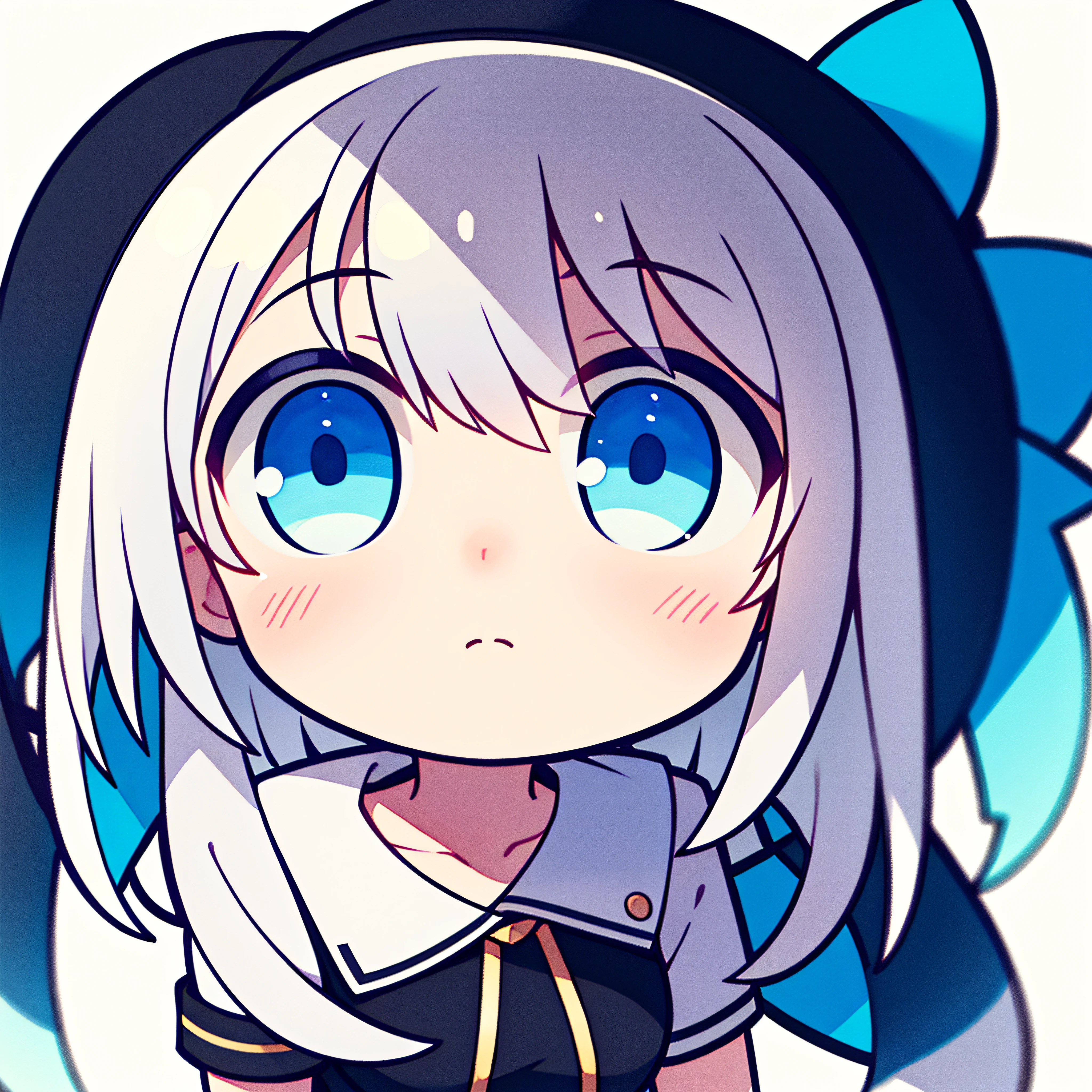 fish on the head, solo, 1 girl, looking at viewer, upright, concept art, white background, simple background, white hair, gradient hair, short sleeves, watercolor pencil, expressionless, blush, virtual youtuber