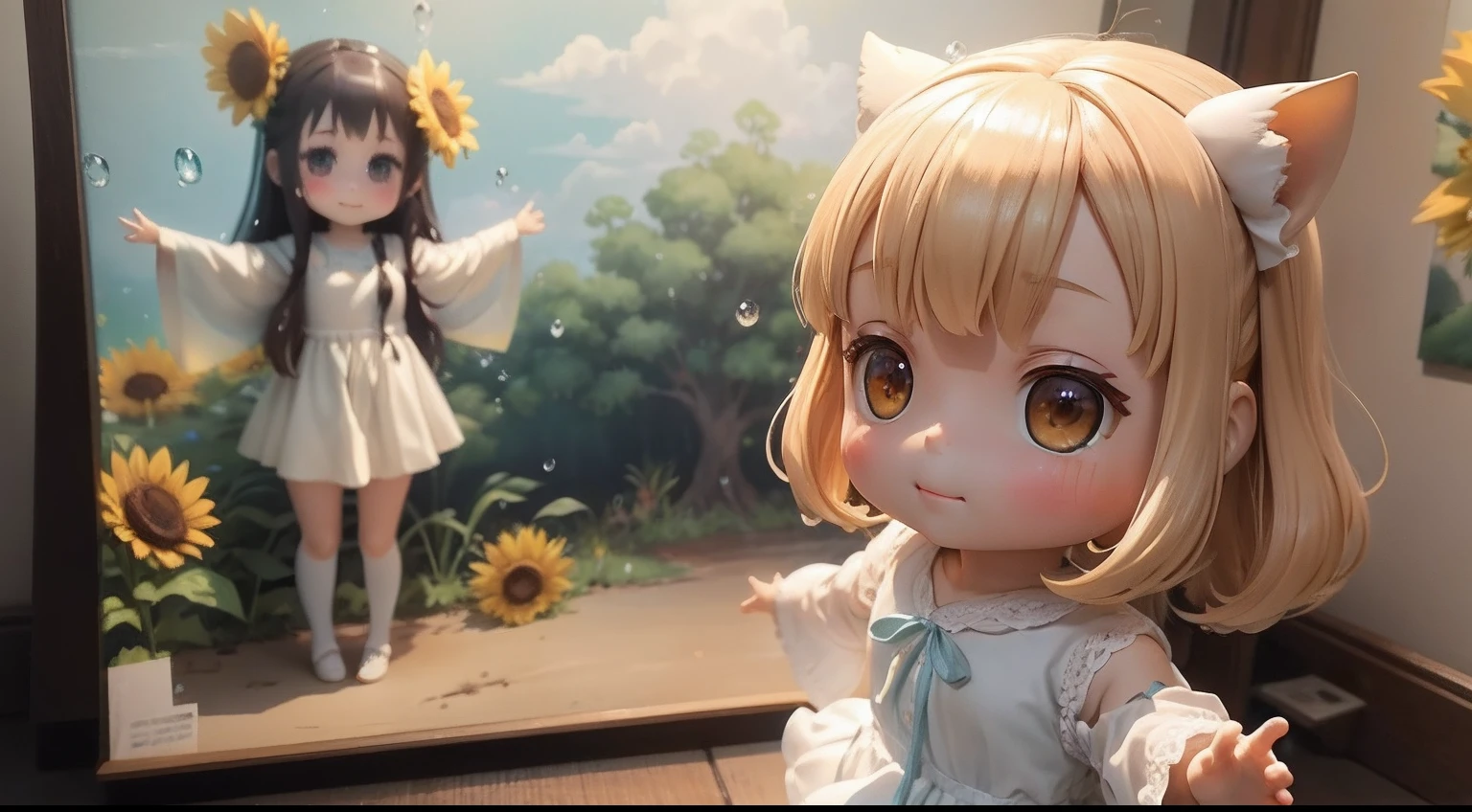 photoRealstic、Doll standing in front of the painting、swim wears、laugh face、Water droplets on the cheeks、Selfie Pose、spreading arms widely、Sengai、pixiv、rokoko、dollfie dream、watercolor Nendoroid、(High Definition Figure)、flowing sakura-colored silk、nendroid、bustup、Sunflower petals、season!!: 夏☀ 🍂 ヒマワリ
