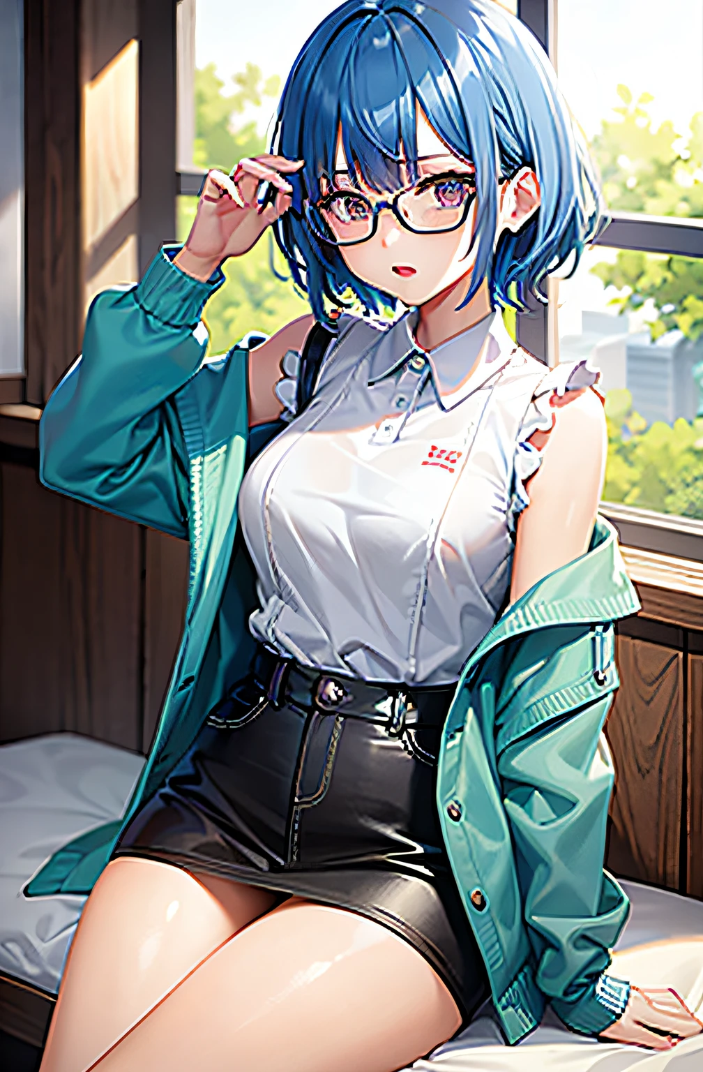 Qi bangs，blue  hair，Female pervert，2-dimensional，wears glasses，teens girl，jk