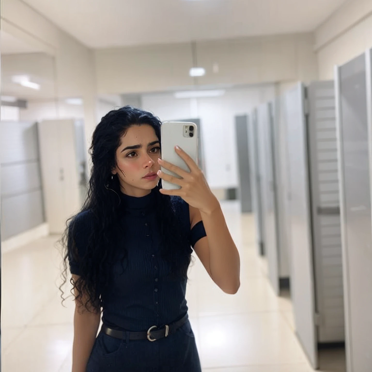 There's a woman taking a selfie in a public restroom., Malika Favre, by Amelia Peláez, Parece Fabiula Nascimento, andrea rocha, no banheiro, Directed by: Emma Andijewska, Directed by: Nandor Soldier, com pele parda, ela tem cerca de 2 0 anos, ela tem cerca de 20 anos