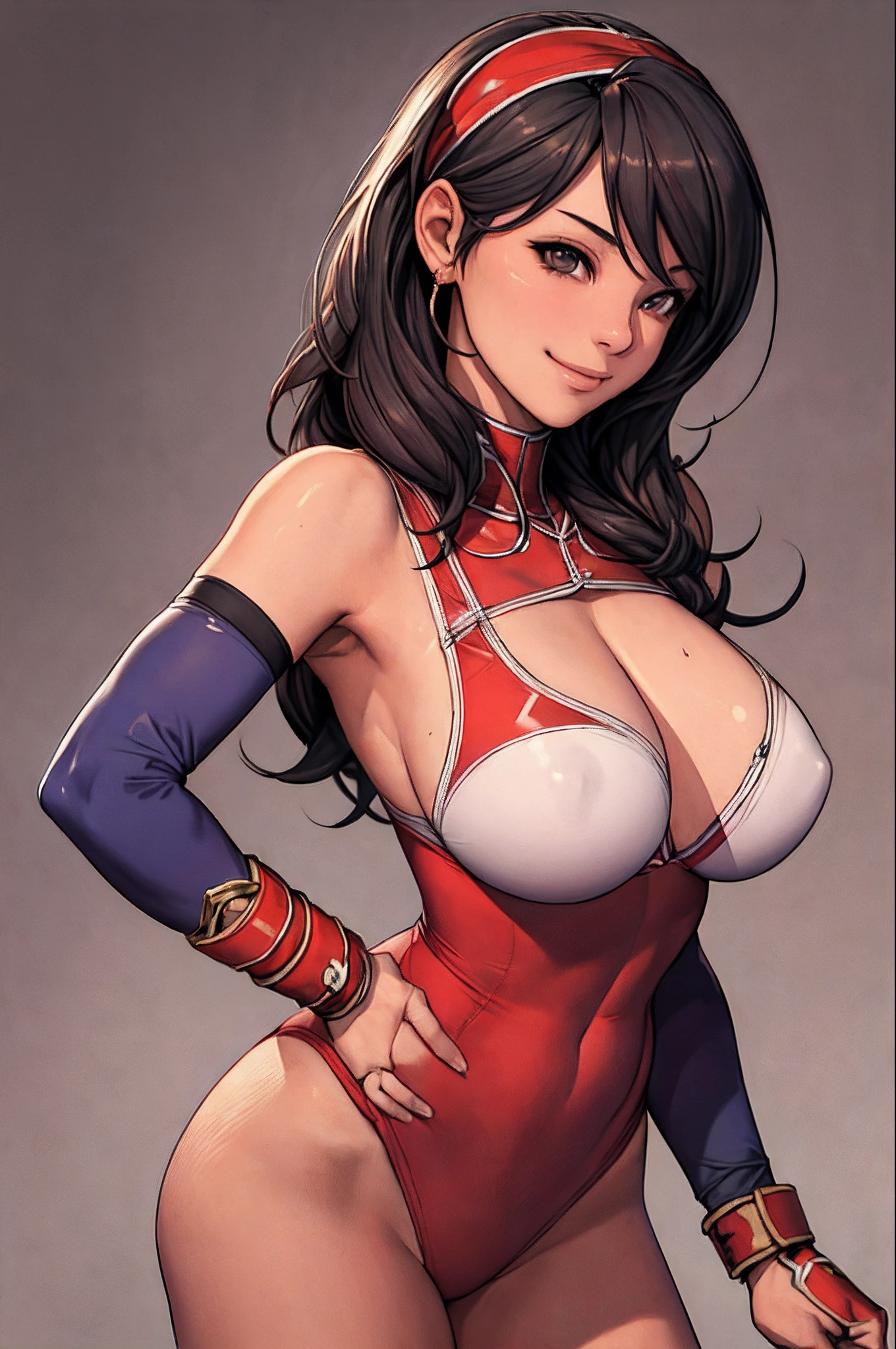 masterpiece, best quality, tiffanylords, bandana, leotard, boxing gloves, standing, large breasts, looking at viewer, upper body, smile, hands at hips
