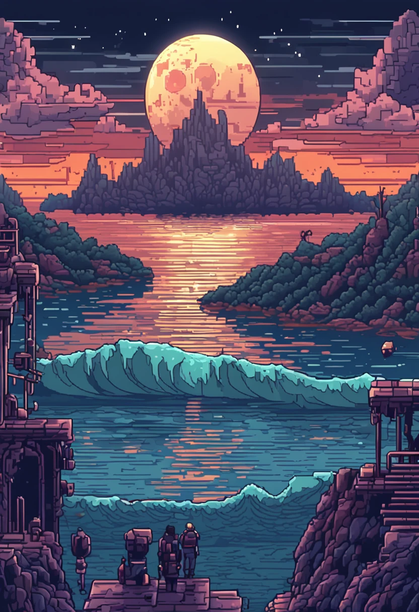 Pixel art of a huge moon rising on the calm sea, beautiful detailed pixel art, detailed pixel art, lo-fi retro videogame, concept pixelart, detailed pixel artwork, Pixel art style, pixel town, pixel art animation, high quality pixel art, Dolphins leap from the surface of the sea, super detailed color lowpoly art, #pixelart:3, # pixelart, #pixelart