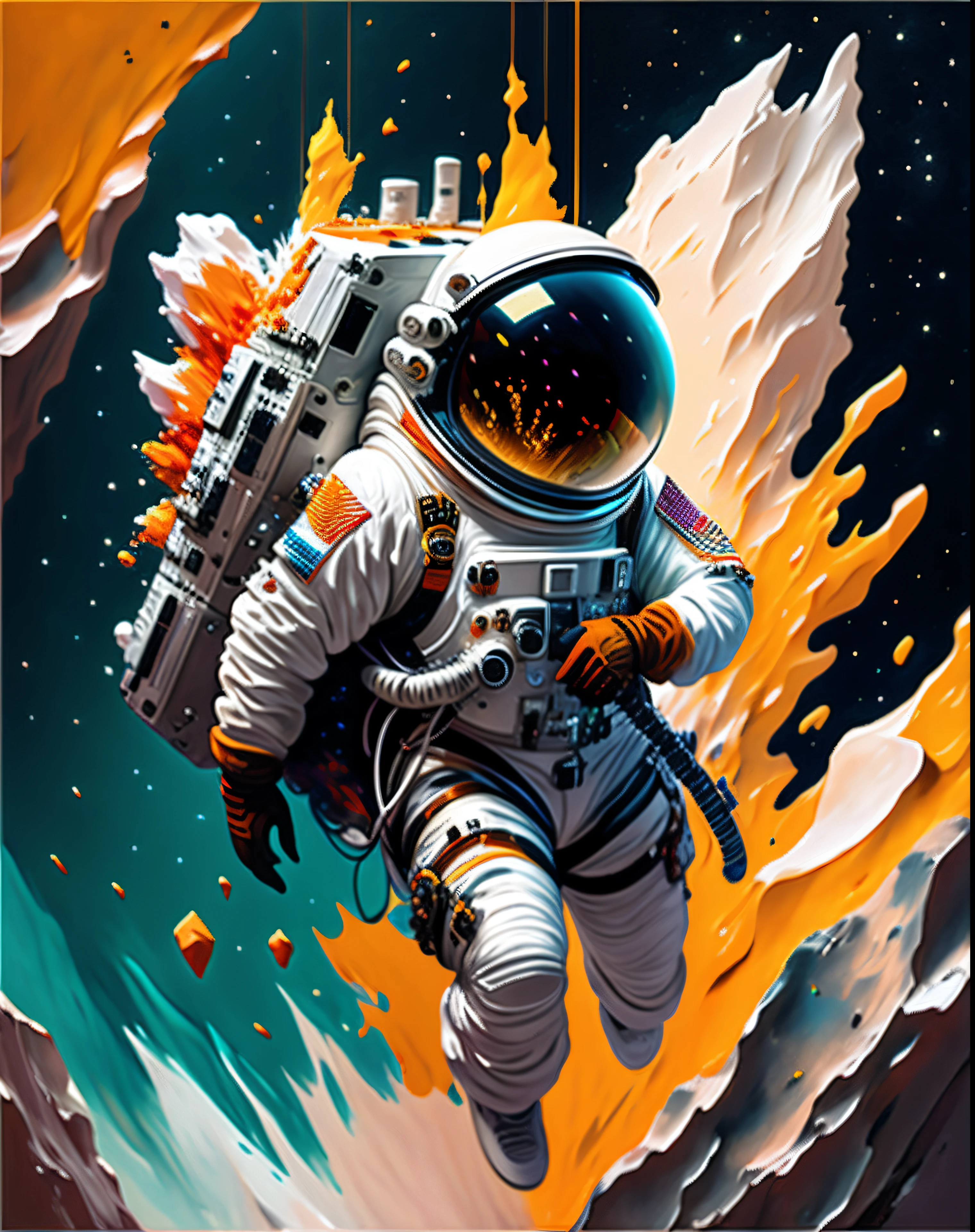 astronaut,  climbing the asteroid,  character render, ultra high quality model, abstract beauty, explosive volumetric, oil painting, heavy strokes, paint dripping