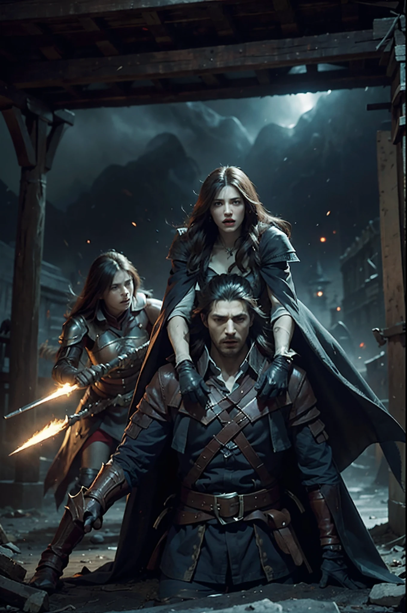 Castlevania's legendary war battle: Lords of Shadow in a dynamic work. Illustrer le choc des forces surnaturelles, The value of the hero, and the impending darkness enveloping the battlefield. Let the art convey the raw emotions and intricate details of this pivotal moment in the game's hyper realistic super detailed super detailed sharp details high resolution