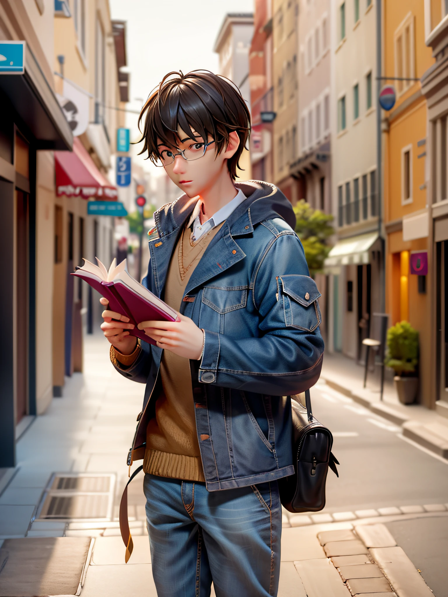 A male college student、Background European city、holding books、Bust photo