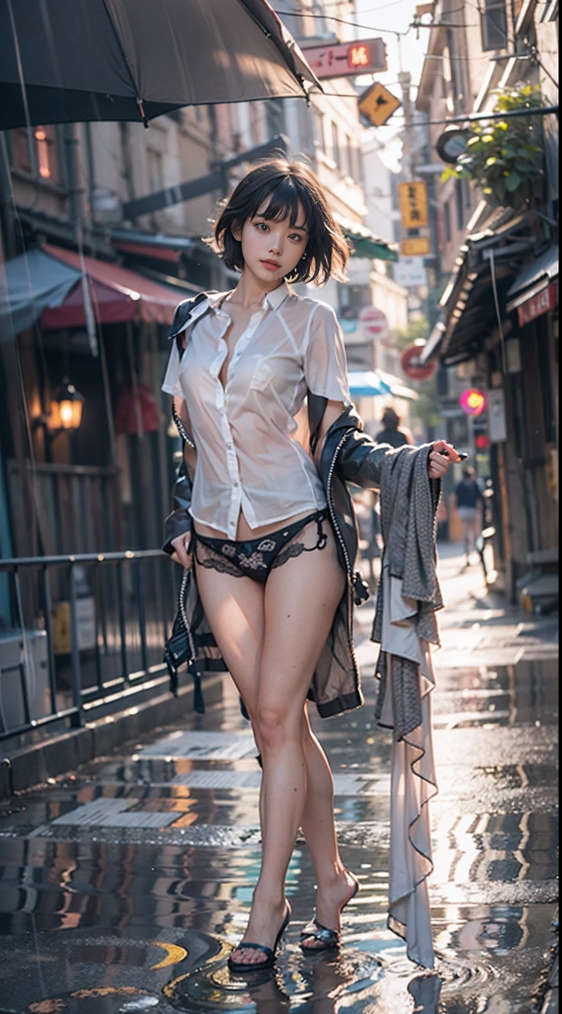 NSFW, In the street, 1girl in, (Well-formed face), A slight smil, The costume is sheer, de pele branca, slender, Dark hair, short-hair, beauty legs, Looks Back, Small buttocks, Pale colored panties, panties focus, ((White shirt)), (emphasis on the buttocks), ((Do ass)), (((Point your butt at the camera))), Wet, surrealism, Cinematic lighting, depth of fields, One-person viewpoint, F/1.8, 135 mm, canon, nffsw, masutepiece, ccurate, Anatomically correct, Textured skin, Super Detail, high details, High quality, awardwinning, Best Quality, hight resolution, 1080p, 4K, 8K