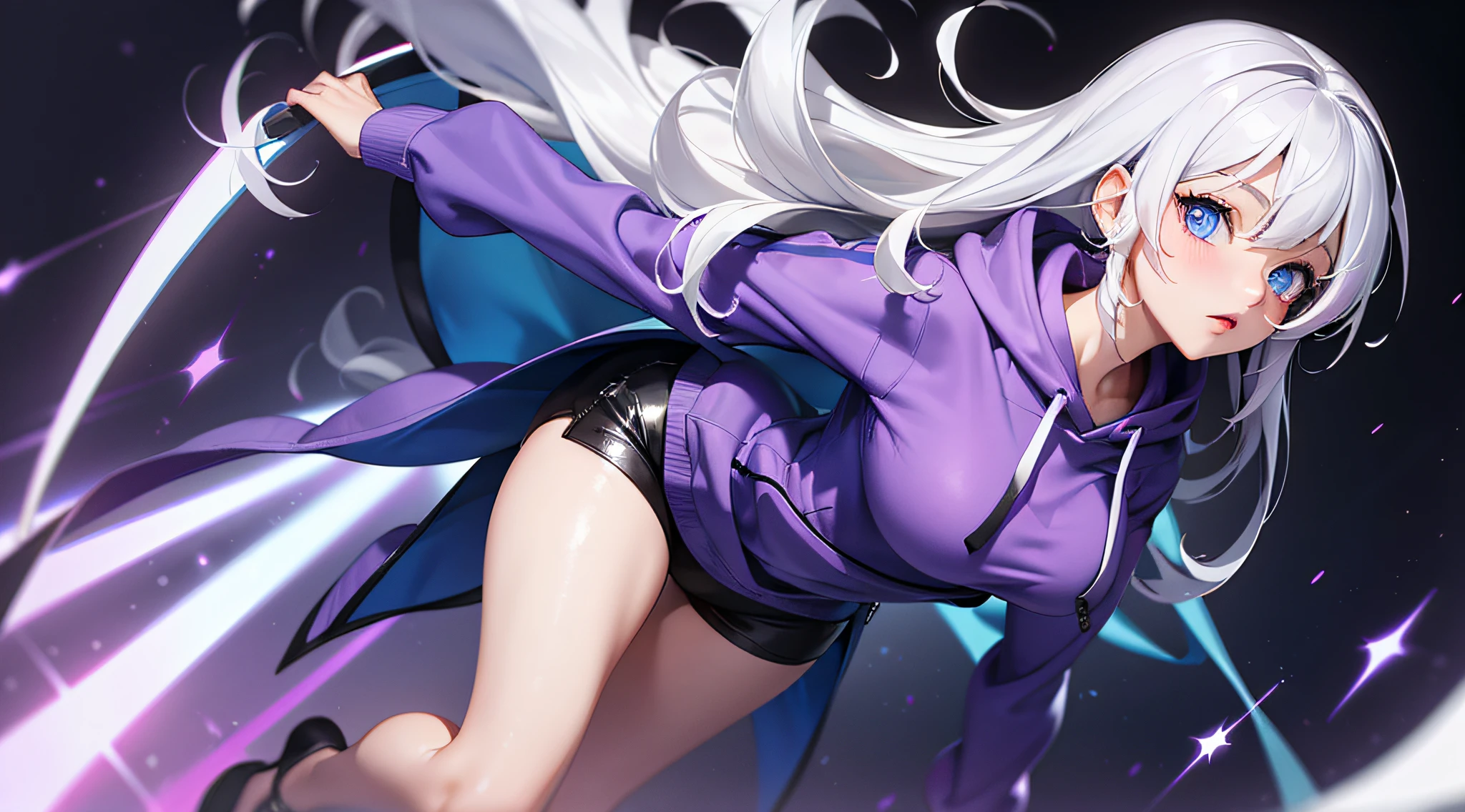 (voluptuous girl) (bright white hair) (blue eyes) (dark purple outfit) (dark purple hoodie