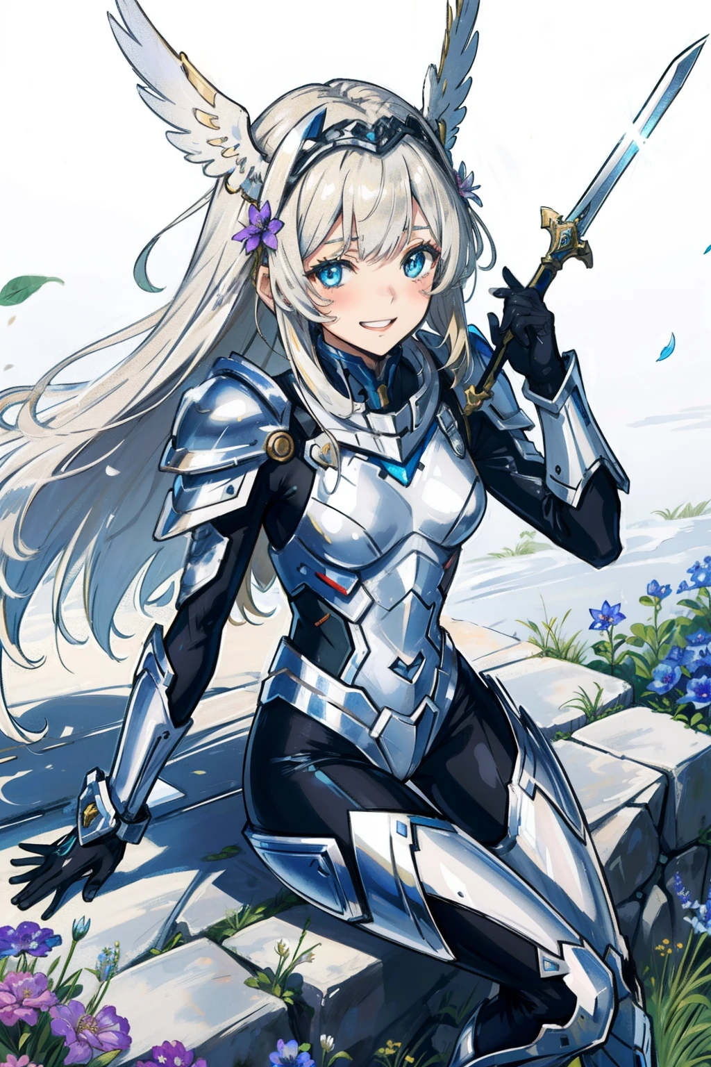 (master piece, Best Quality), Intricate details, valkyrie, kawaii, gamy smile, (((Laugh))), Looking at Viewer, Feather Headgear, Flower meadow, Sitting, flat breast, White Balance, hand up, yo,
1 girl in, Solo, Portrait, Long Plutinum Blonde Hair, drooing eyes, Silver Single Thigh, Silver Independent Single Sleeve, silver gloves,
mecha musume, Silver Bodysuit, Silver Reinforced Suit, Closing purewhite feather wings, silver pantyhose, Silver Full Armor, flower decoration, equip sword,