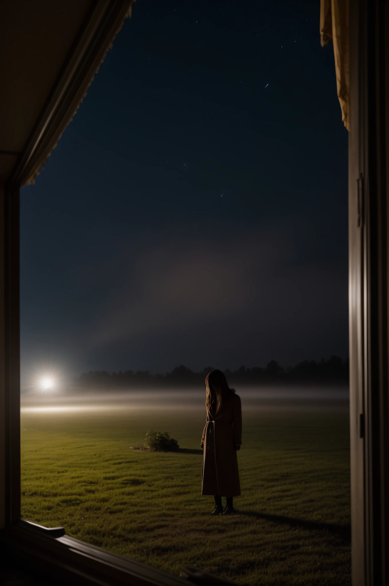 ((deep in the night、mid night、early dawn、In a dream))、((motel、Motel area、ruins、Less light))、((Standing Woman、Depressed woman))、One Clown、Foggy、Sateen、reflection、Nostalgic but unsettling photos、Images in a dream、horor、Pretty dark image、Grainy photo、Film Touch、color photograph、, Wide Shot, ultra wide-angle,