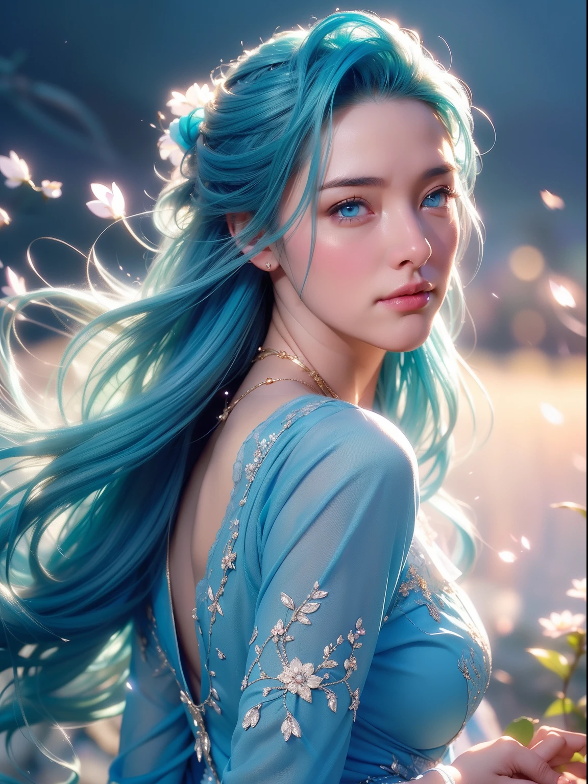 an woman with cottage style, (((aqua blue hair color))),(colorful),(finely detailed beautiful eyes and detailed face, aqua blue long hair), flowers on head,cinematic lighting,extremely detailed CG unity 8k wallpaper,((flying petal)),(Flowery meadow) sky, cloudy_sky, sunlight,sun, light, fantasy, (masterpiece, best quality), Fantasy, (((detailed long-sleeved cottage blue dress))), blue laces,((blue untied flowing hair and a nice flowered dream cottagecore background)), cottagecore style, cottage aesthetics, high detailed background , curvy body, gorgeous, elegant, simple gold necklace, dynamic pose, realistic, detailed facial expression, beautiful mesmerizing face, smilling, (bright blue eyes:1.14), real life skin, 8k, intricate detail, professional lighting, cowboy shot, dynamic angle shot, looking at camera, stunning Unreal Engine, soft diffused lighting, cute, wind, petals on wind,1 girl, sexy, sensual, a 20 yo woman,(natural skin texture, soft light, sharp)