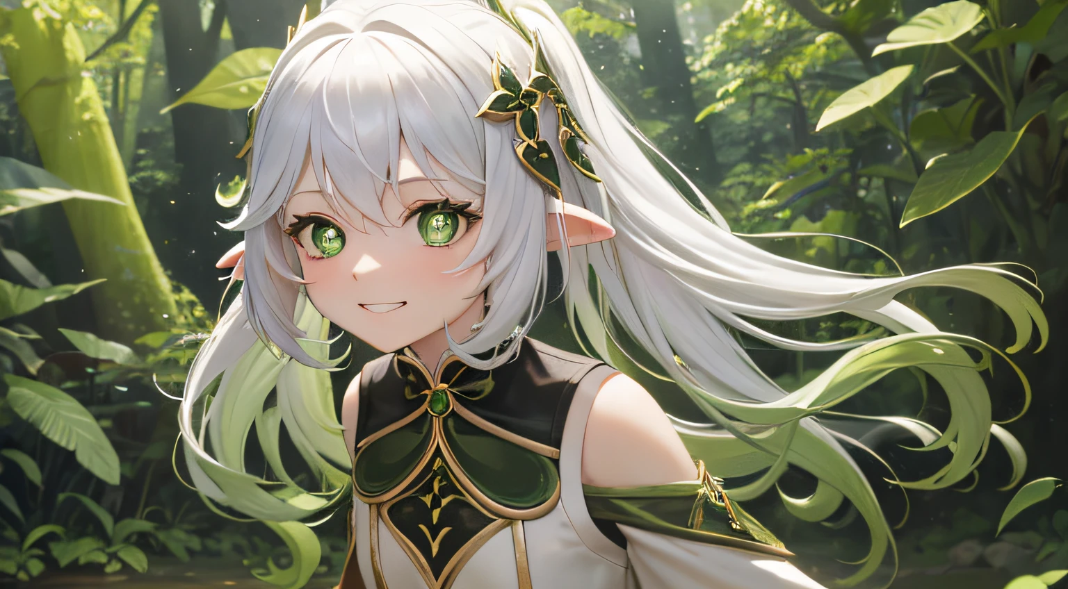 cute female , long white hair, green hair ornament, white dress with green embroidery, barefoot, walking in the forest, mushrooms, fireflies, flowers, calm and serene, 8k high quality detailed art, High-quality fingers, NSFW, Dynamic Angle, White hair, Green eyes, Cute face, grin,