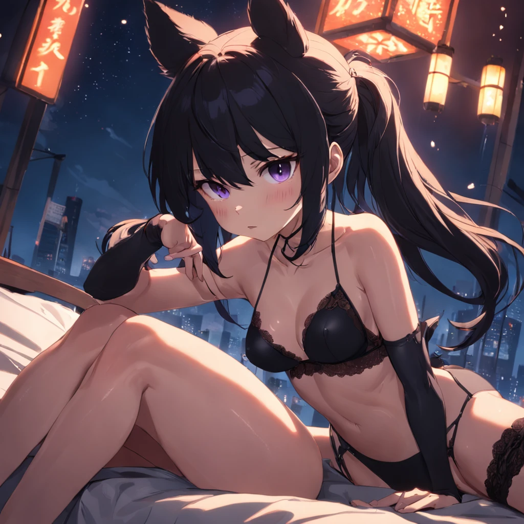 Beautuful Women、A dark-haired、tits out、naturey、Stuffed bear、poneyTail、Black underwear、cigar