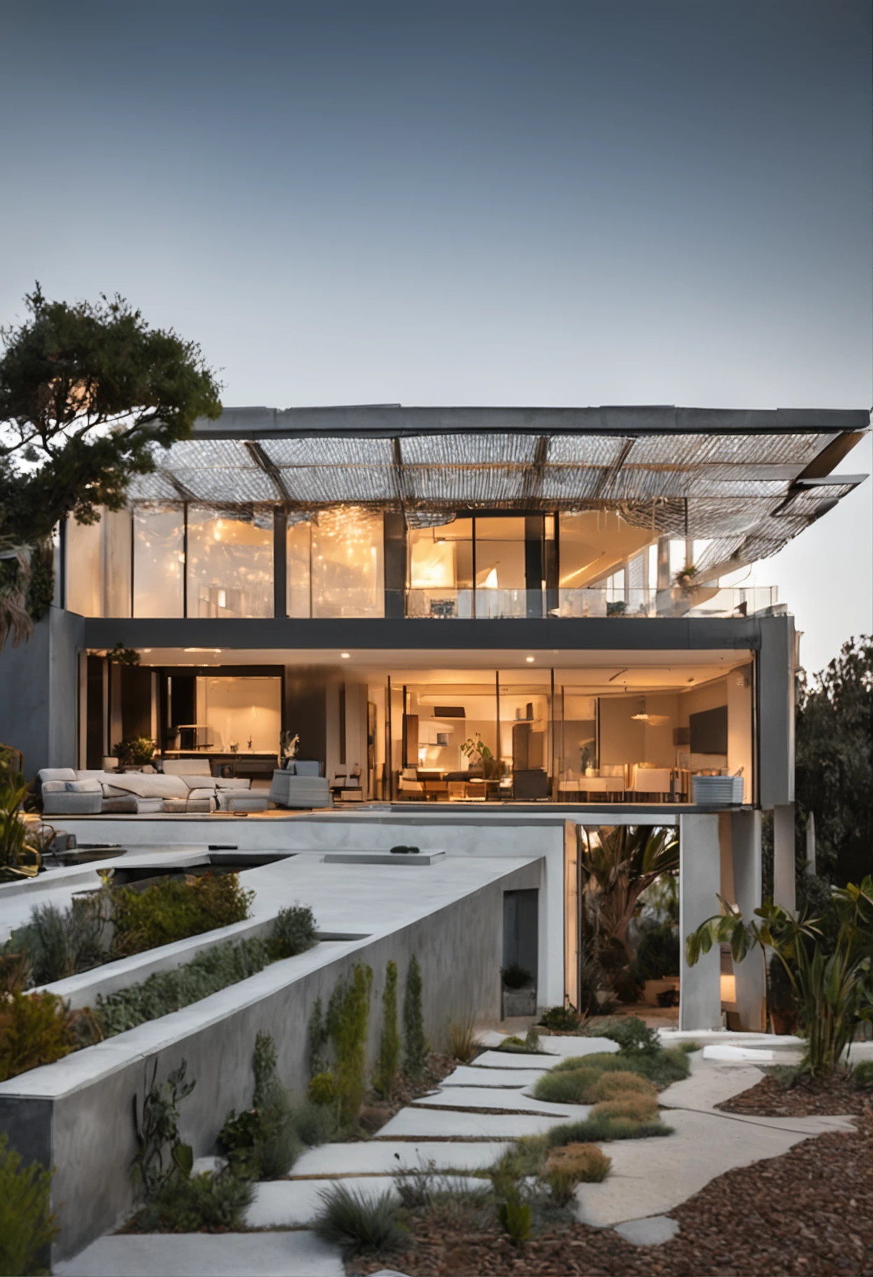 On a horizon of warm colors and clear skies, The vision of a modern home comes to life. The roof of this house is a symphony of gleaming solar panels, capturing the energy of the sun in its luminous dance. Intense sunlight is transformed into clean, eletricidade eficiente, Boost the house in a sustainable way.
Uma fachada de vidro transparente permite vislumbrar o interior convidativo, onde dispositivos inteligentes otimizam o consumo de energia. Solar panels don't just adorn the roof, But they also symbolize a shift toward an eco-conscious lifestyle. A lush garden around the house adds a natural and ecological touch.
The image conveys a sense of energetic empowerment, where every ray of sunshine is transformed into energy to illuminate homes and lives. This scenario is a visual invitation to a sustainable and intelligent energy future, where solar energy shines as the solution to a cleaner and more resilient world