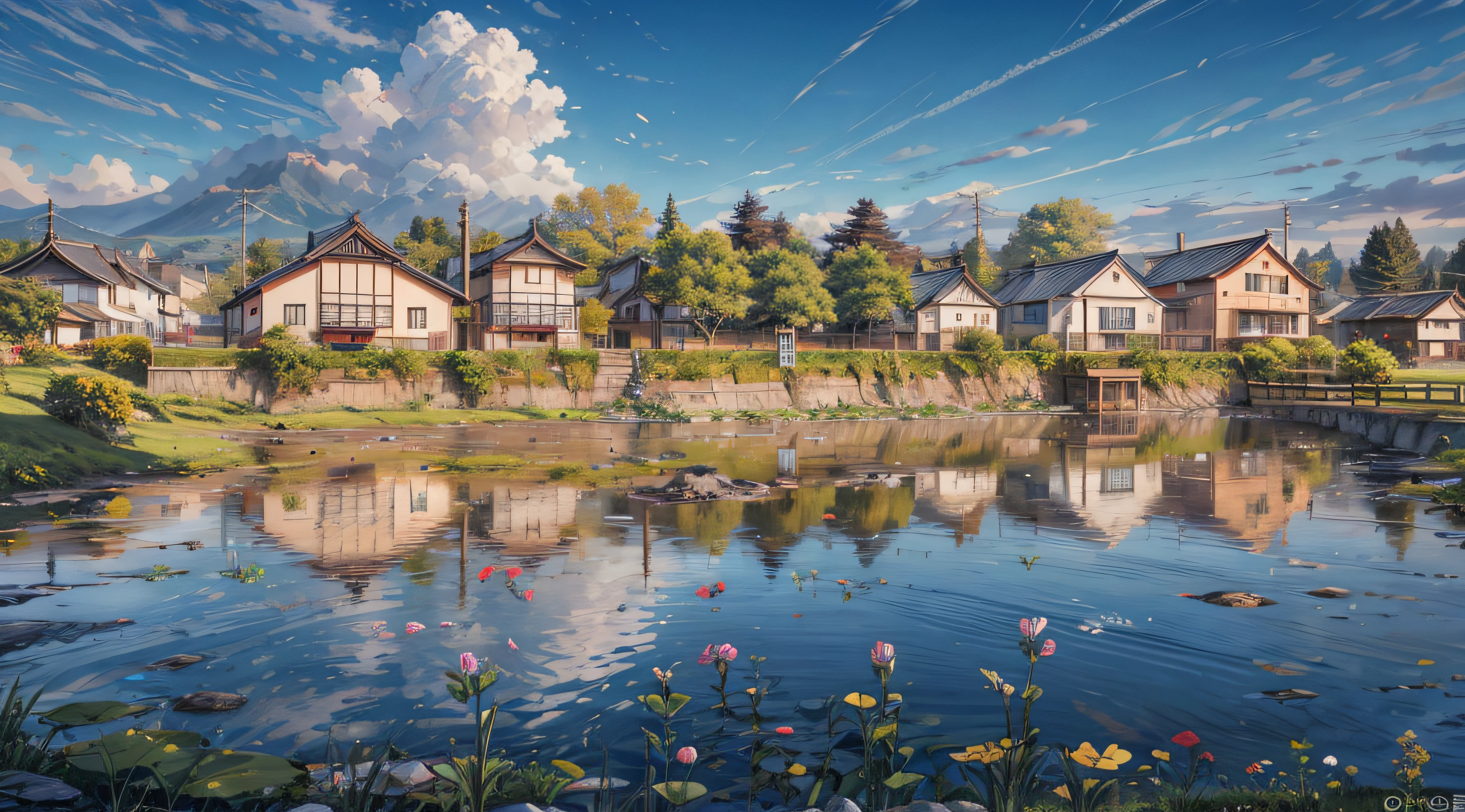 There is a pond，In the background is a small house, Brockhall, author：Tadashige Ono, author：Simon Garn, Photo taken with Sony A7R, countryside in japan, author：John Corvert, author：Yasushi Sugiyama, author：Tadashi Nakayama, author：author：by Hiroshi Honda, an award winning masterpiece, Photo taken with Nikon D750