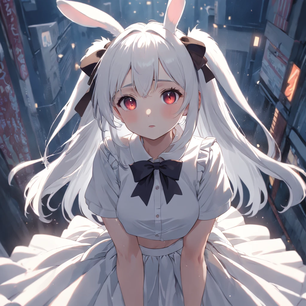 Girl Two rabbit ears White hair Bow White skirt White top looked at me with a shy expression