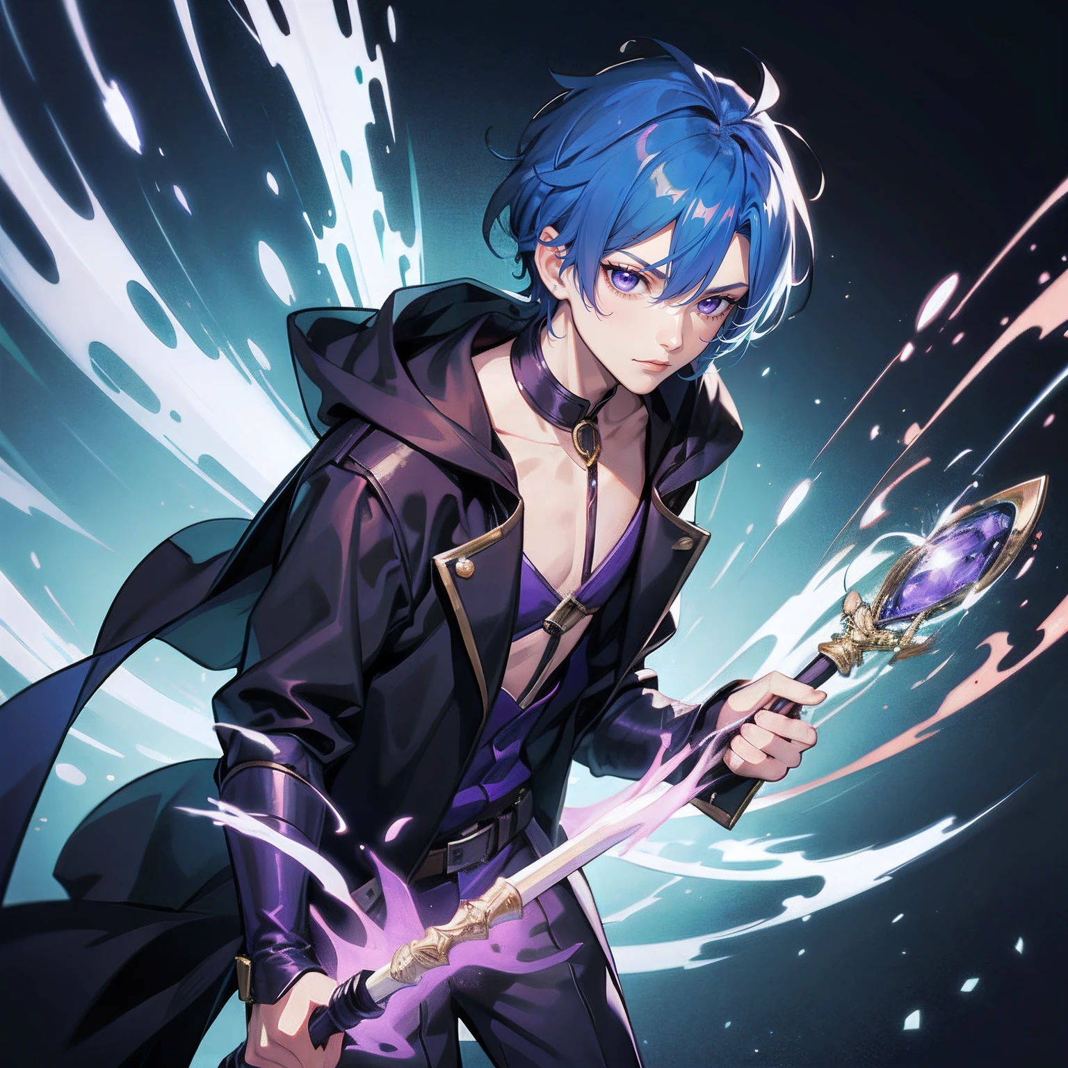 Boy with blue hair and purple eyes 10Generations Sorcerer holding an cane wearing a white robe