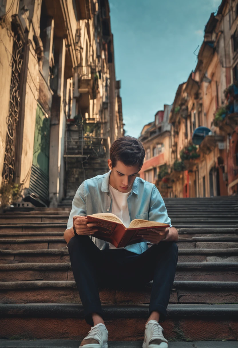 One with short hair、Male college student、Background European cities、holding books、Bust photo