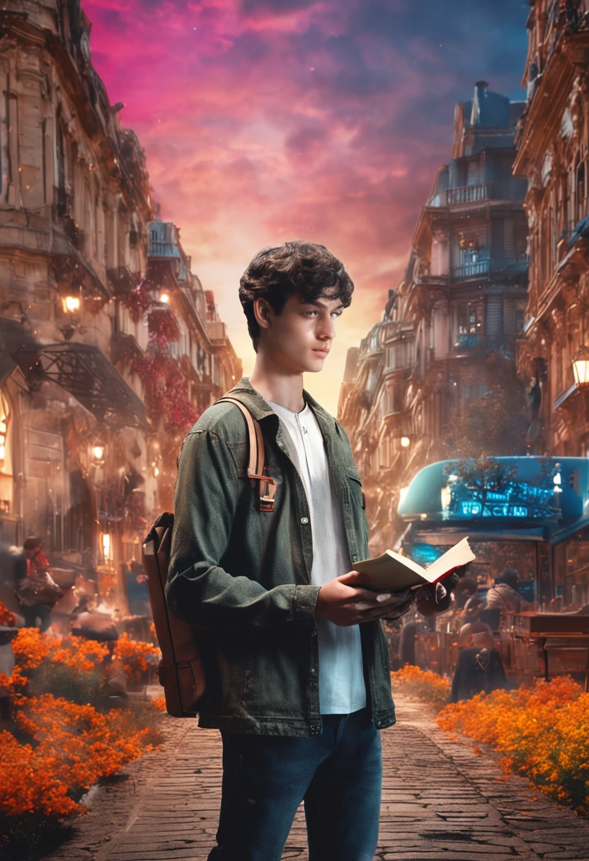 One with short hair、Male college student、Background European cities、holding books、Bust photo