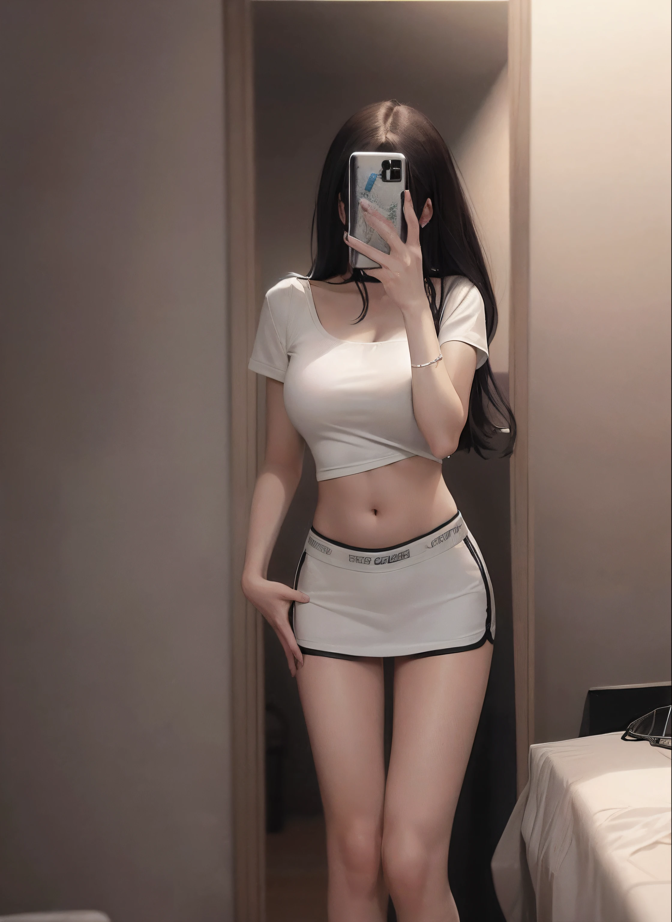 there is a woman taking a picture of herself in the mirror, Thin waist, 2 4 year old female model, skinny waist and thick hips, Slender waist, Big breasts Thin waist, Slim waist, with a thin waist, photo of slim girl, photo of slim girl model, Physical : tinyest midriff ever, fit pic, Her navel was exposed