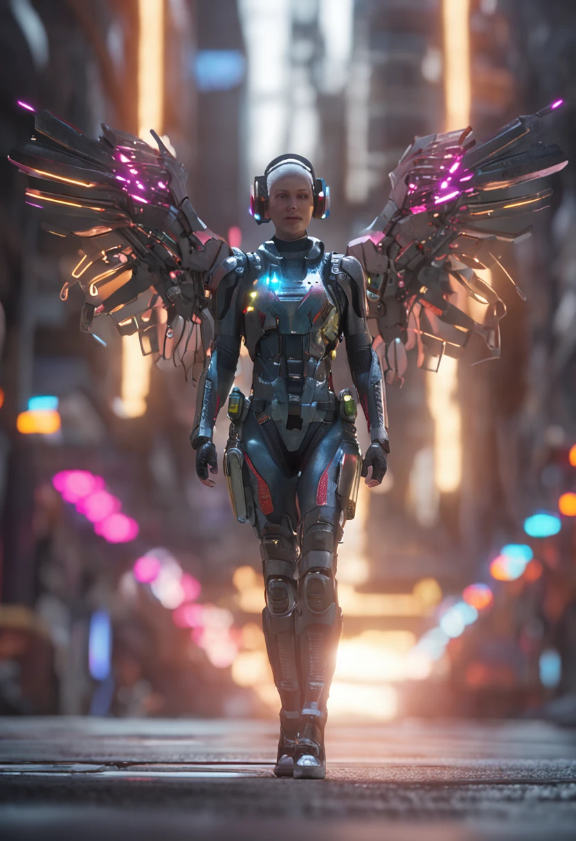 A beautiful cyberpunk female angel image,HDR（HighDynamicRange）,Ray traching,NVIDIA RTX,Super-Resolution,Unreal 5,Subsurface scattering、PBR Texture、post-proces、Anisotropy Filtering、depth of fields、maximum definition and sharpness、Many-Layer Textures、Albedo e mapas Speculares、Surface Coloring、Accurate simulation of light-material interactions、perfectly proportions、Octane Render、Two-colored light、largeaperture、Low ISO、White balance、the rule of thirds、8K RAW、