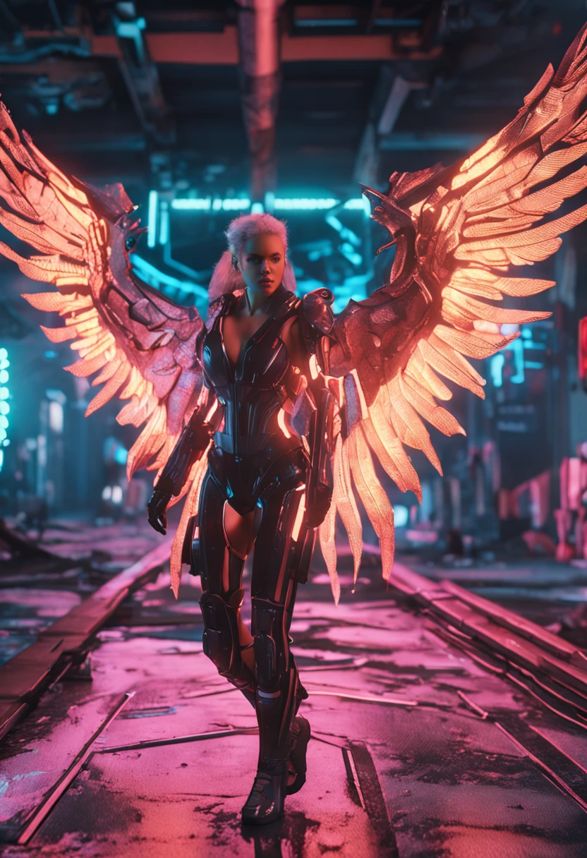 A beautiful cyberpunk female angel image,HDR(HighDynamicRange),Ray traching,NVIDIA RTX,Super-Resolution,Unreal 5,Subsurface scattering、PBR Texture、post-proces、Anisotropy Filtering、depth of fields、maximum definition and sharpness、Many-Layer Textures、Albedo e mapas Speculares、Surface Coloring、Accurate simulation of light-material interactions、perfectly proportions、Octane Render、Two-colored light、largeaperture、Low ISO、White balance、the rule of thirds、8K RAW、