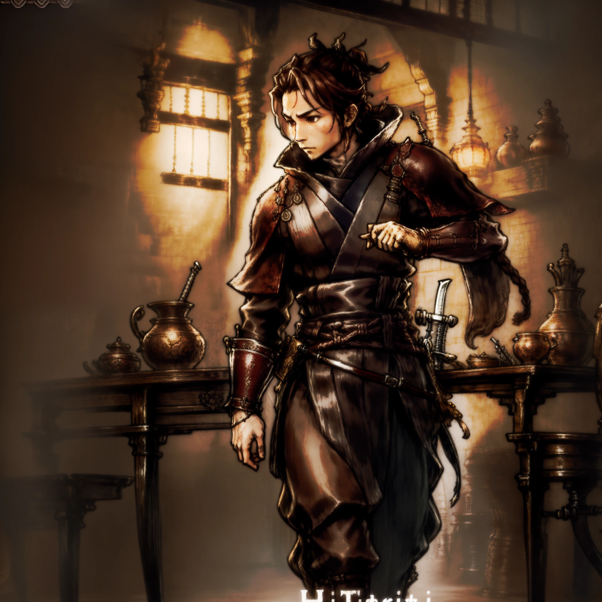 Game Art design, Octopath Traveler 2, hikari ku, (solo:1.4), brown hair, ponytail, samurai warrior wearing a katana on his waist belt, japanese clothes with ornaments, yoroi, extremely detailed face and eyes, absurdes