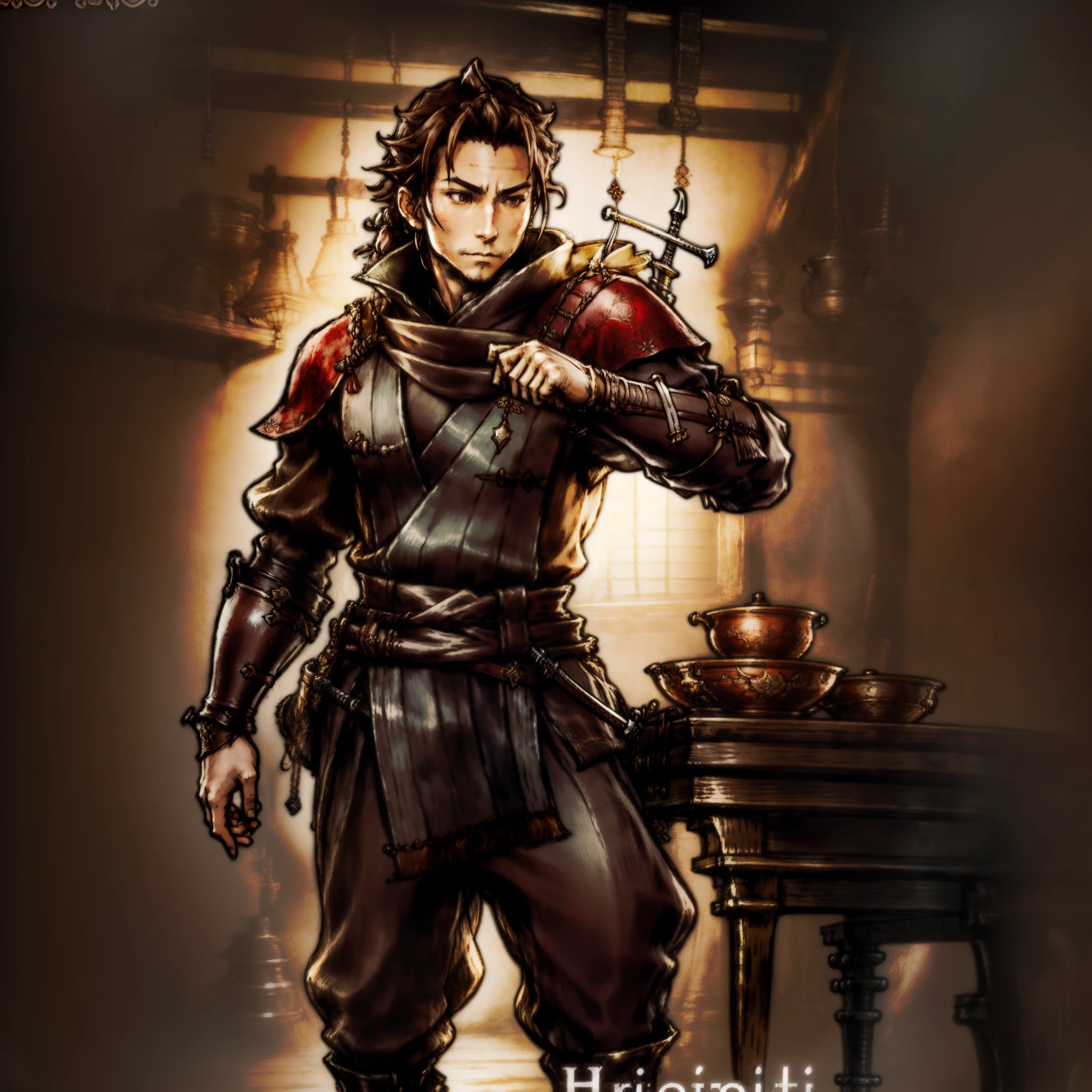 Game Art design, Octopath Traveler 2, hikari ku, (solo:1.4), brown hair, ponytail, samurai warrior wearing a katana on his waist belt, japanese clothes with ornaments, yoroi, extremely detailed face and eyes, absurdes