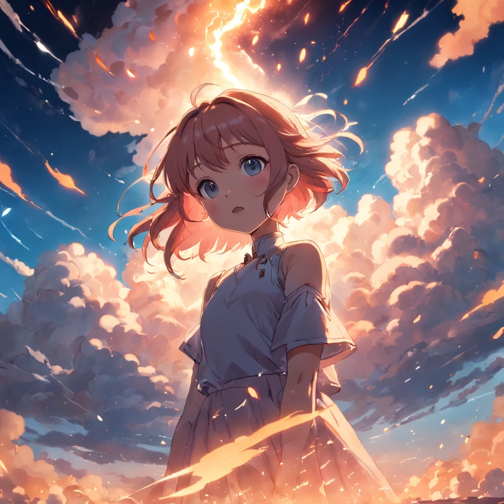 masterpiece, best quality, movie still, 1girl, cloud girl, floating in the sky, close-up, bright, happy, warm soft lighting, sunset, (sparks:0.7)