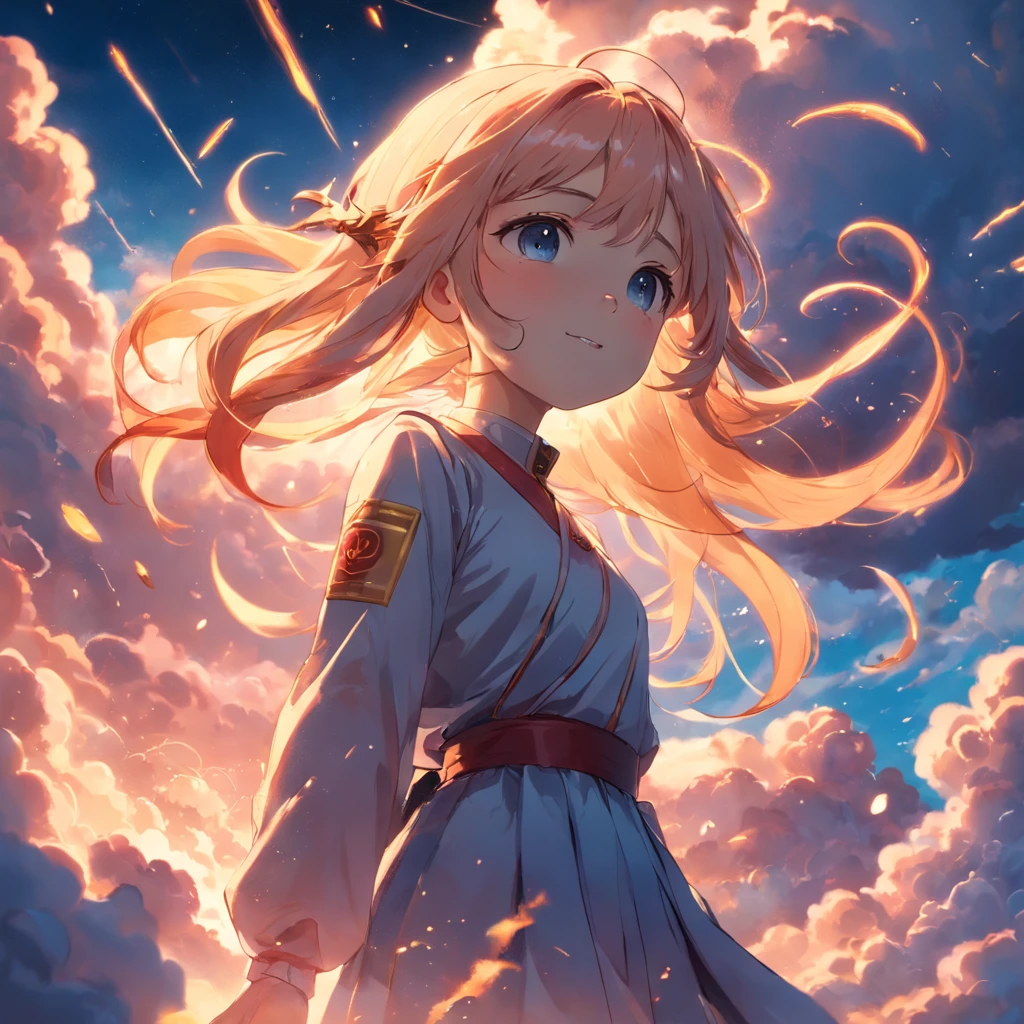 masterpiece, best quality, movie still, 1girl, cloud girl, floating in the sky, close-up, bright, happy, warm soft lighting, sunset, (sparks:0.7)