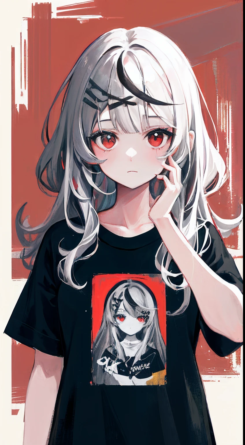Original Characters, Deep Depth Of Field, Sharp Focus, Portrait Of Stunningly Beautiful Sickly Girl, Soft Delicate Beautiful Attractive Face With Alluring Red Eyes, (Bags Under Eyes:1.1), Lovely Small Breasts, Sharp Eyeliner, Expressionless, White Hair Color, Messy Unkempt Untidy Medium Hairstyles, Dark Eyeshadow With Thick Eyelashes, Pale Skin, (Bruise Marks, Face Band-Aid, Bandage:1.05), Oversized Worn-Out T-shirt, No Pants, (Lonely Girl Sitting In A Dark Room And Look Up At The Ceiling:1.2), (Old Fluorescent Lights On The Ceiling Flickered:1.15), (Lights Shine On The Girl:1.1), (Highest Quality, Amazing Details:1.4), Masterpiece, Loneliness, Picturesque, Gray Gloomy Paintings