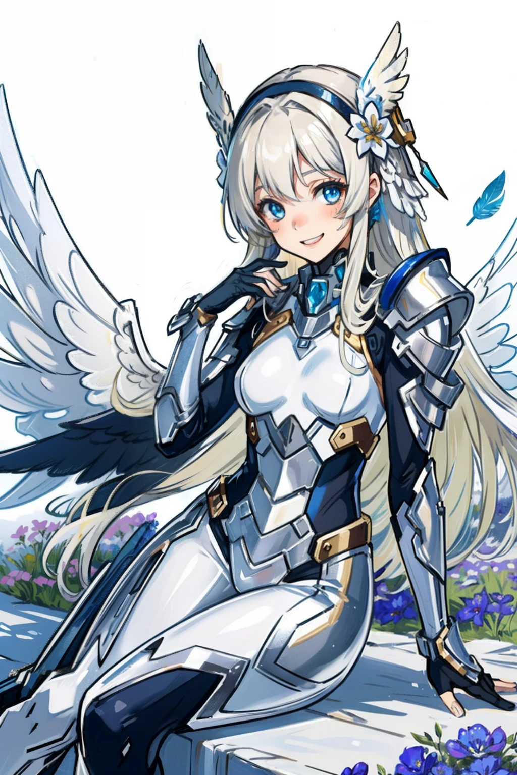 (master piece, Best Quality), Intricate details, valkyrie, kawaii, cheerful smile, (((Laugh))), Looking at Viewer, Feather Headgear, Flower meadow, Sitting, flat breast, White Balance, hand up, yo,
1 girl in, Solo, Portrait, Long Plutinum Blonde Hair, drooing eyes, Silver Single Thigh, Silver Independent Single Sleeve, silver gloves,
mecha musume, Silver Bodysuit, Silver Reinforced Suit, Closing purewhite feather wings, silver pantyhose, Silver Full Armor, flower decoration, equip sword,