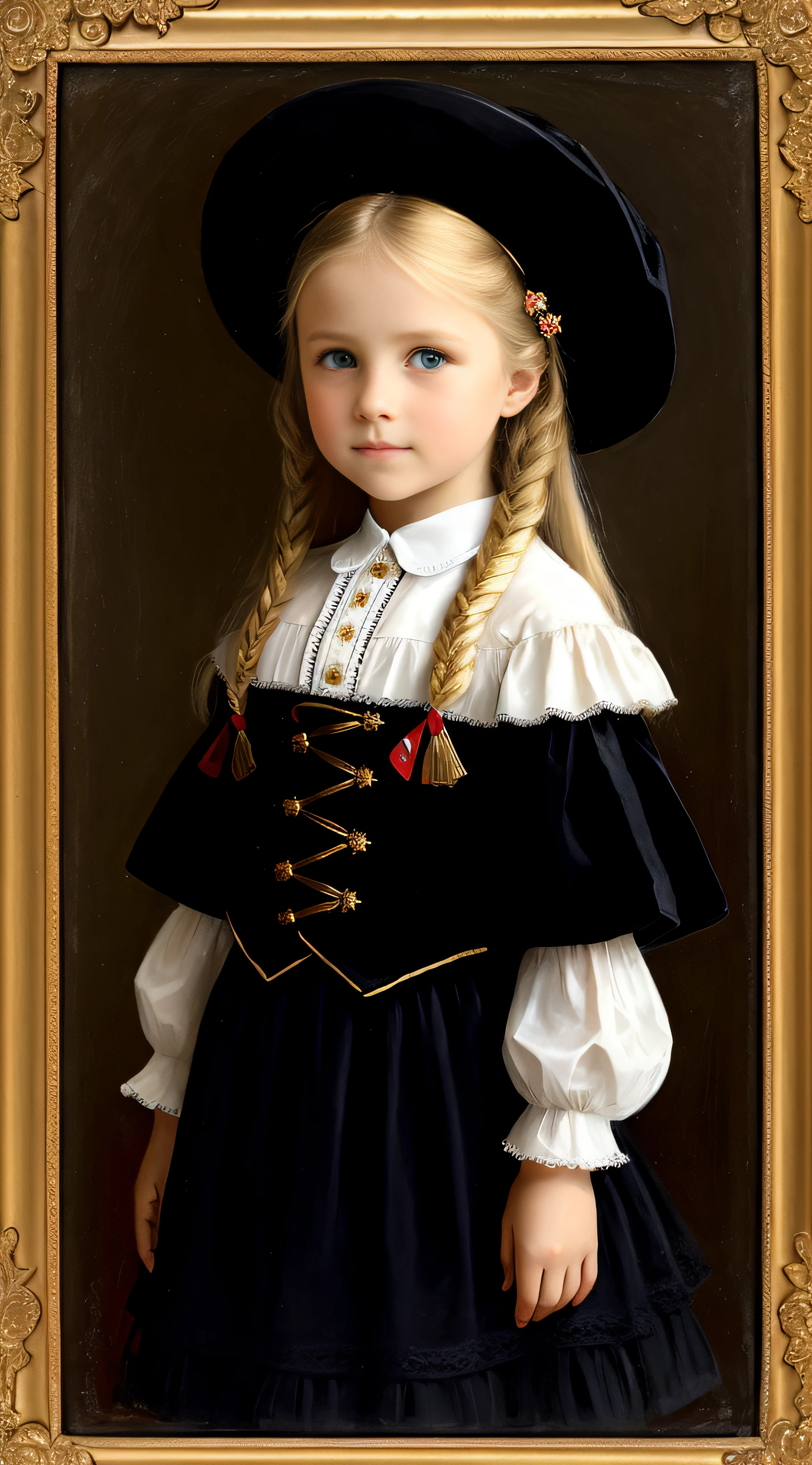 Russian, Girls children , Portrait , Long blonde hair and bow,Layered skirt,noble,opulent,cropped shoulders
