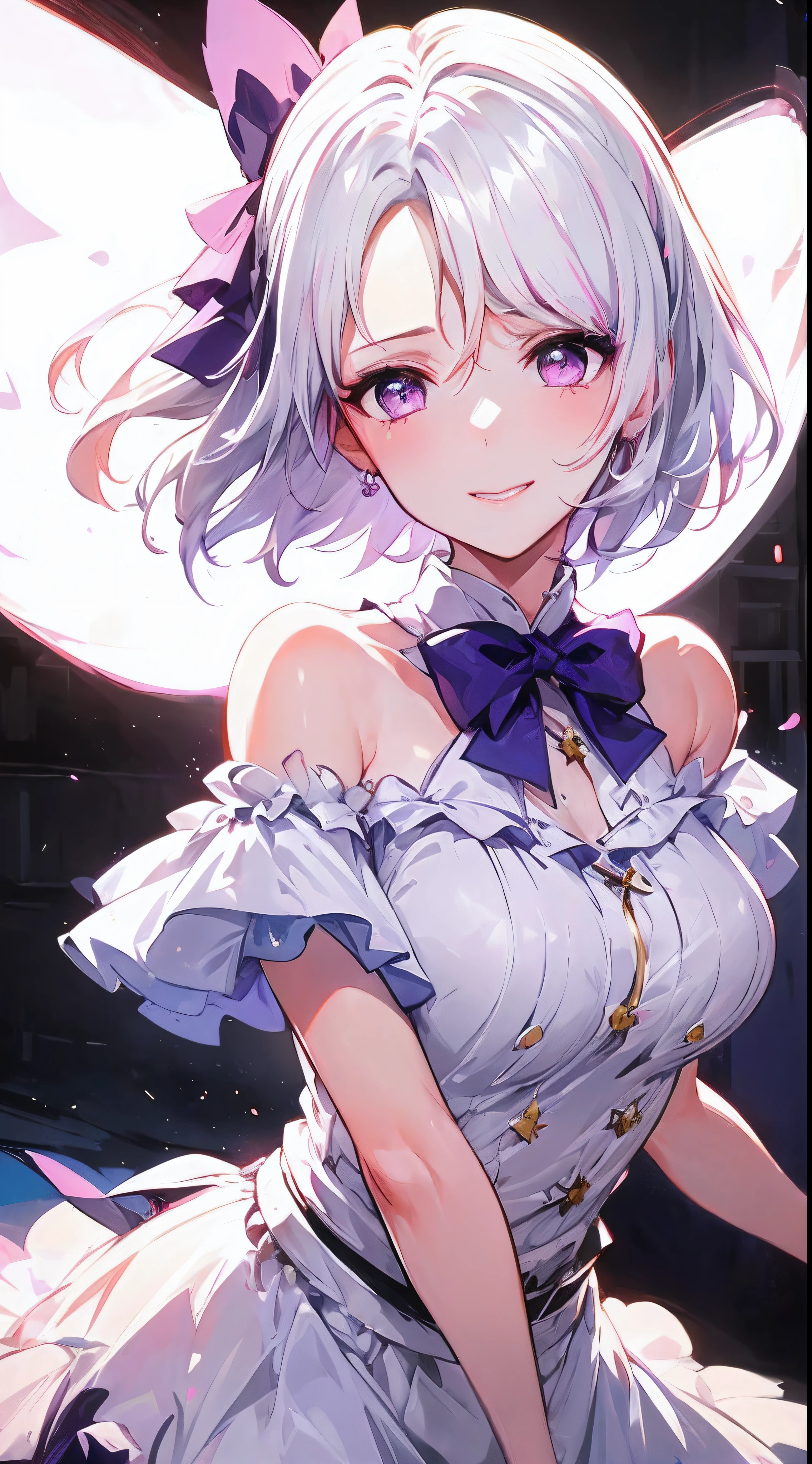 (Best quality),(4k), (grand CG painting),(extreme close shot),(((the Greatest masterpiece,))) (ultra detailed),(((idol))),(intricately details),(Nature,cute face),((((beautiful stage)))),(dynamic angles,)(aggressive winds),(dynamic lighting),(blooming,synthetic wave), (reality: 0.7), solo,1 girl,Long eyelashes,watery eyes,reflected eyes,eyes shadow,light purple eyes,((one purple bow tie,)) (white off-the-shoulder shirt: 0.4),short hair, [blue dress]!!, white haired deity,floating hair,((elegant and conservative cloth)),seductive smile