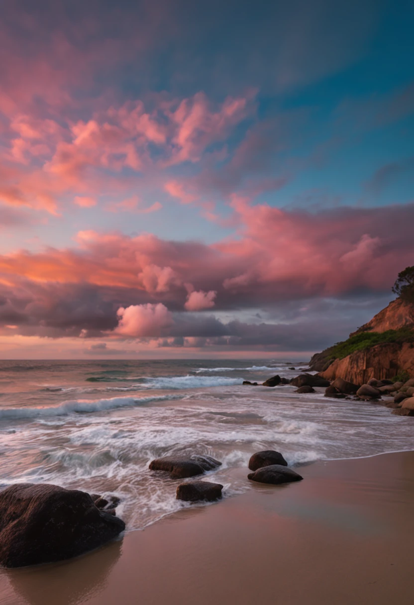 crie um cenaro de natureza, praia, mar, ceu, cores vivas, bela paisagem, melhor qualidade, areia da praia, vista do espectador