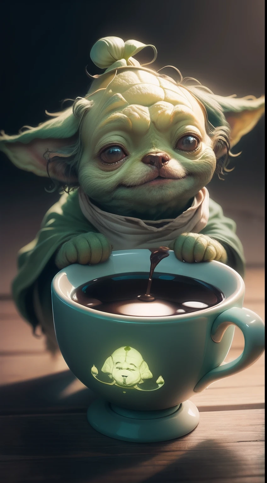 A dog that looks like Yoda is offering a cup of tea