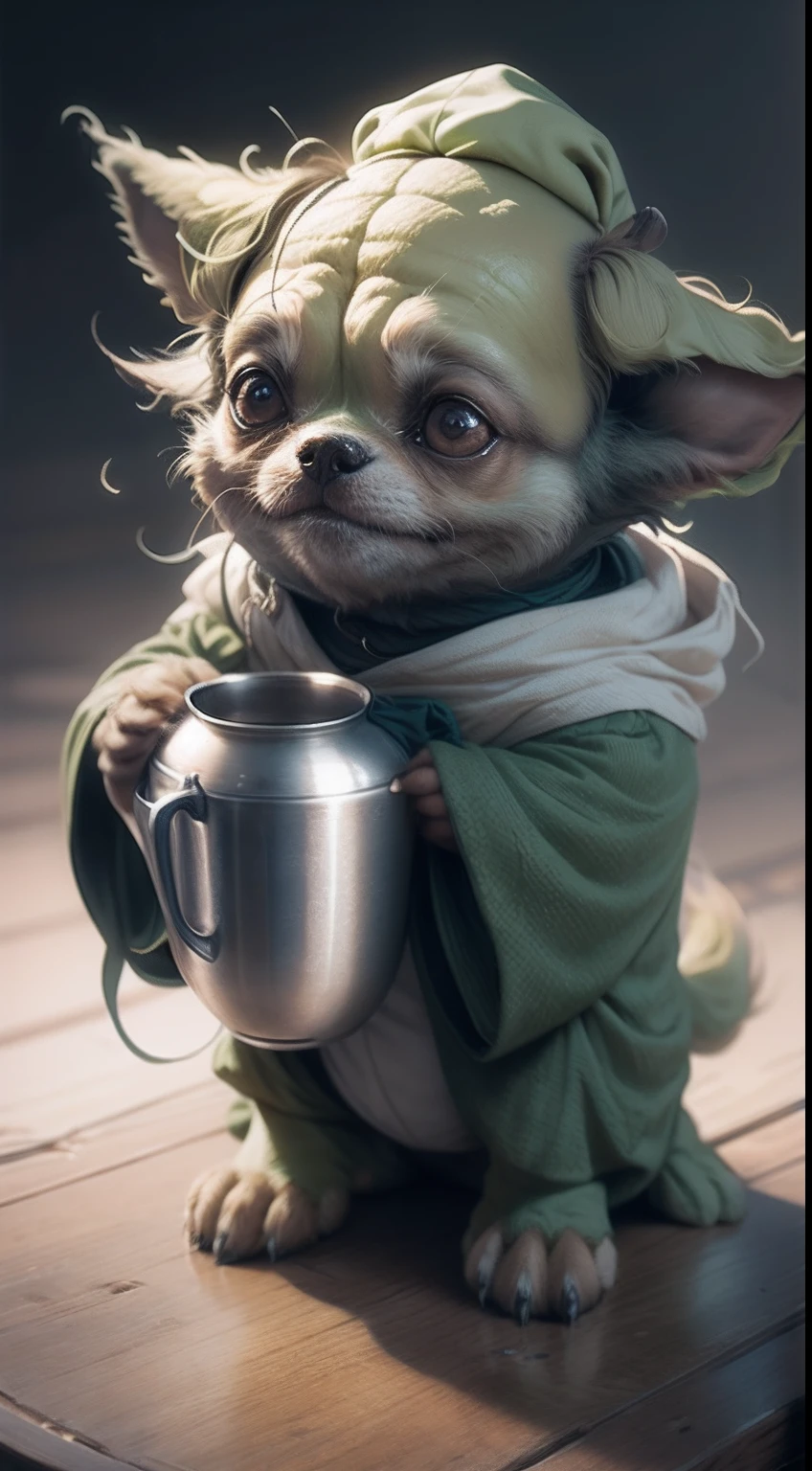 A dog that looks like Yoda is offering a cup of tea