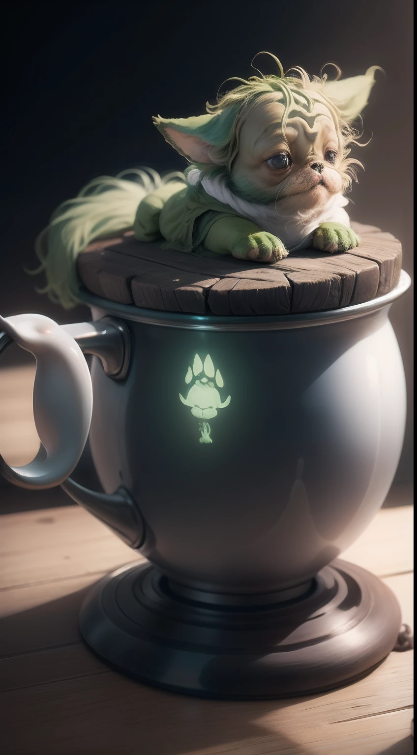 A dog that looks like Yoda is offering a cup of tea