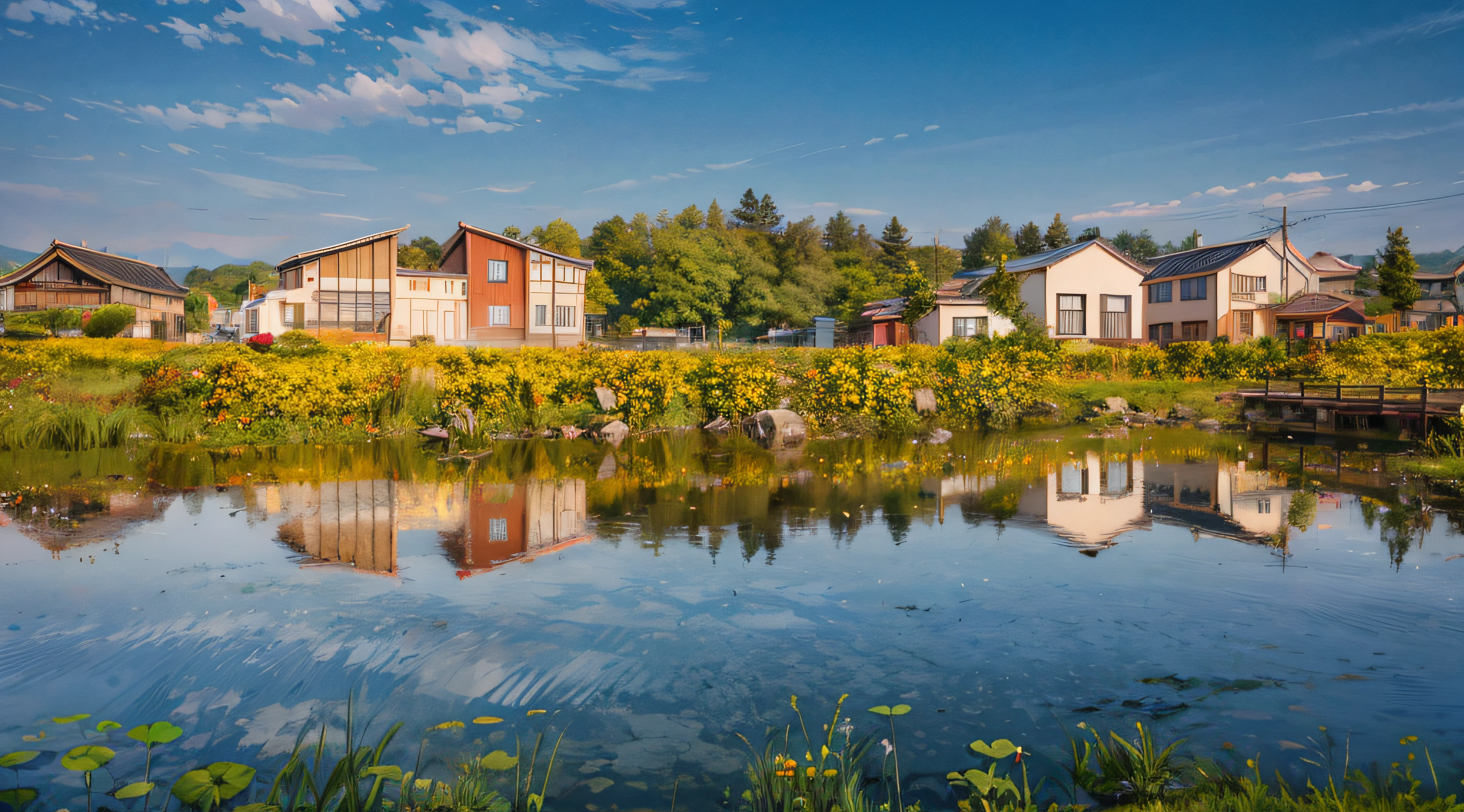 There is a pond,In the background is a small house, Brockhall, author:Tadashige Ono, author:Simon Garn, Photo taken with Sony A7R, countryside in japan, author:John Corvert, author:Yasushi Sugiyama, author:Tadashi Nakayama, author:author:by Hiroshi Honda, an award winning masterpiece, Photo taken with Nikon D750