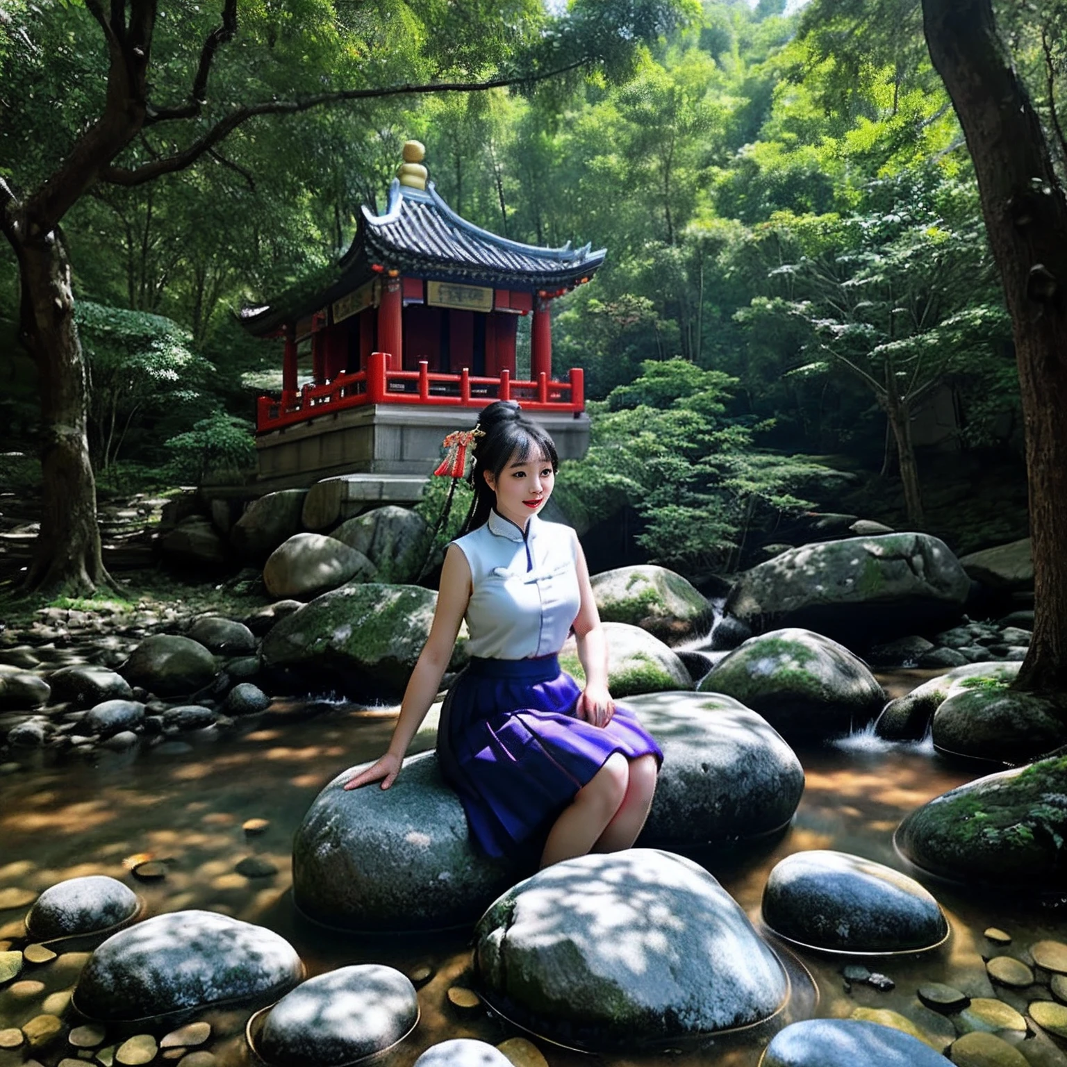 Traditional Chinese temple,Behind the Forest,A woman sits on a rock, Wear a low-cut tulle skirt, High quality,Masterpiece,full bodyesbian, Anatomically correct,Medium shot,Close up