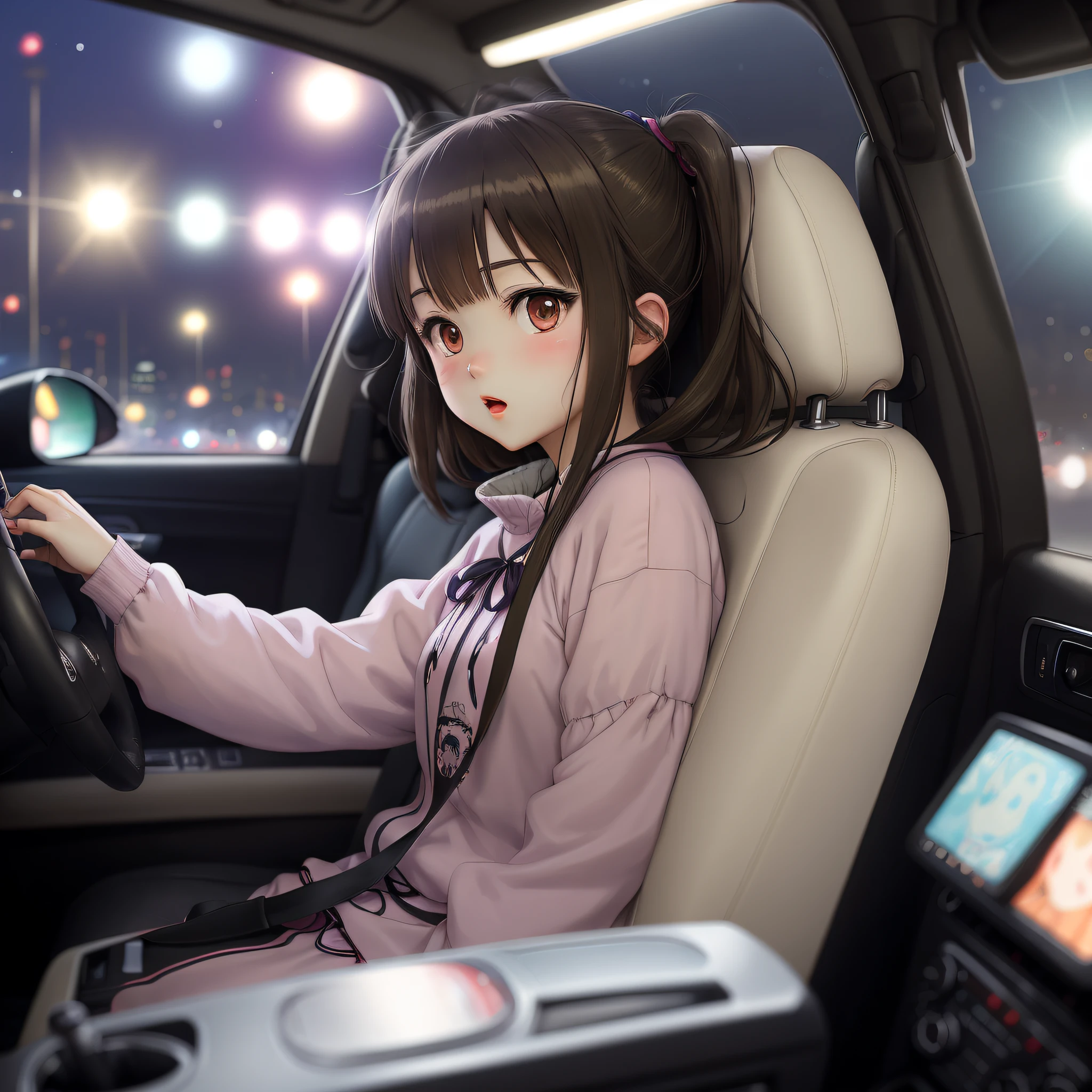 anime girl inside a car driving trought the night