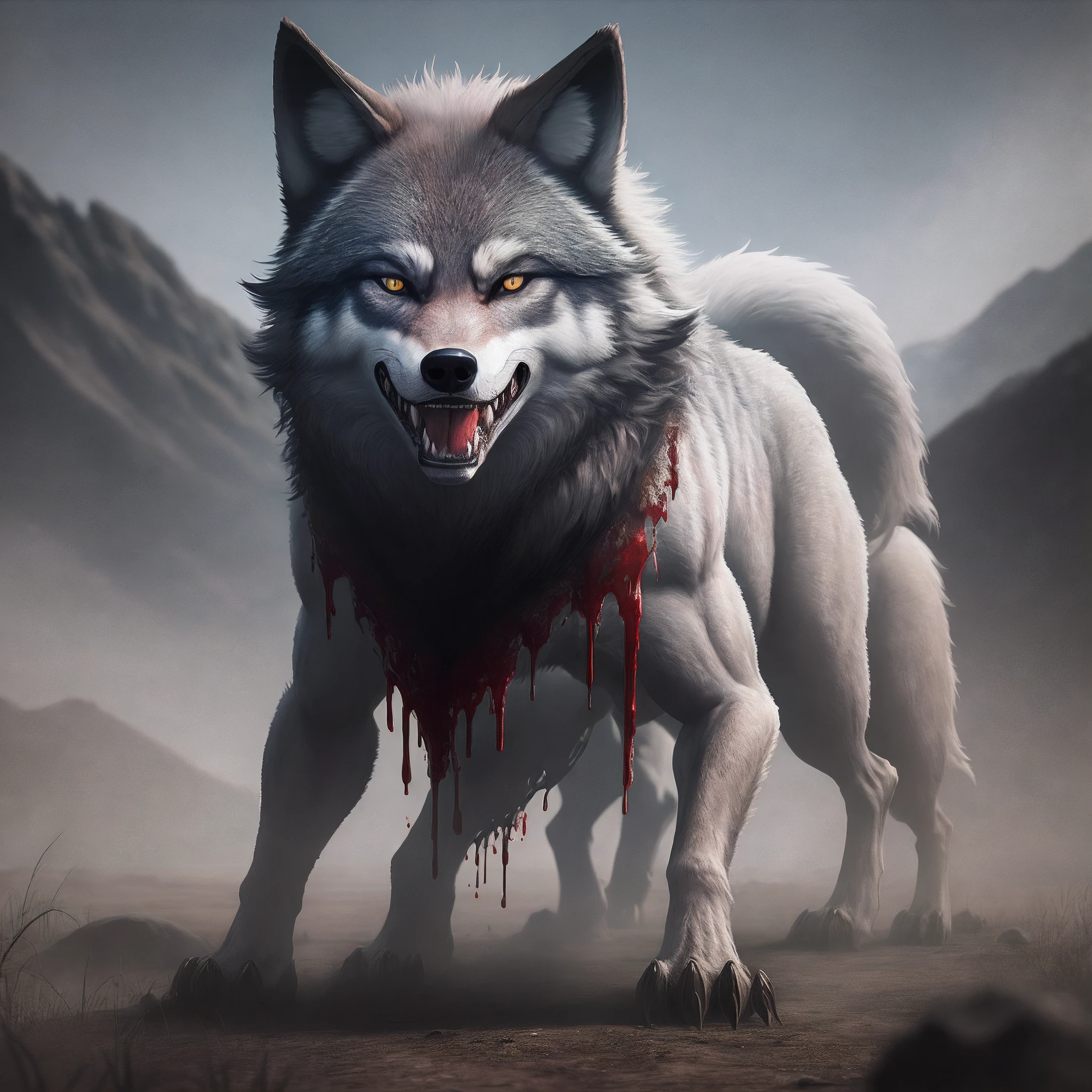 Bloodthirsty wolf with sharp teeth, macabre scenery background, imagem ultra realista