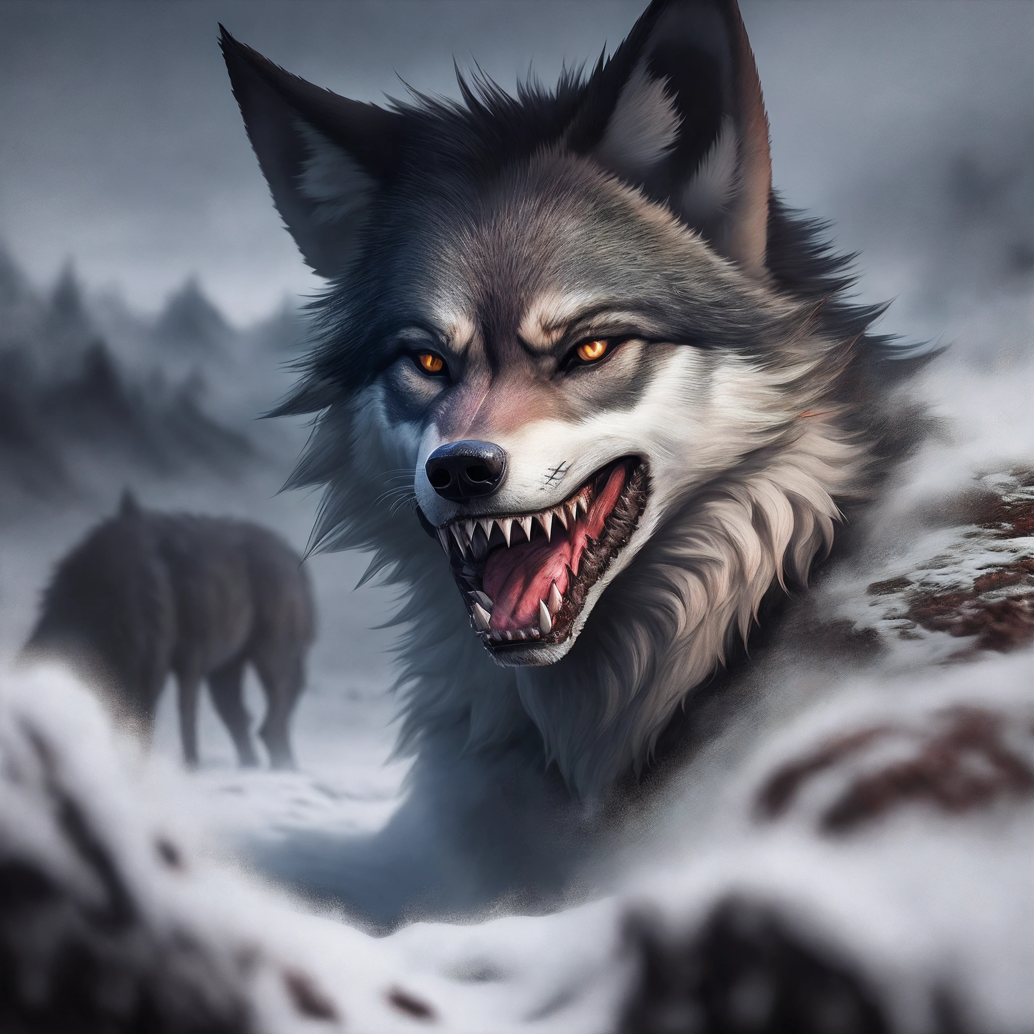 Bloodthirsty wolf with sharp teeth, macabre scenery background, imagem ultra realista