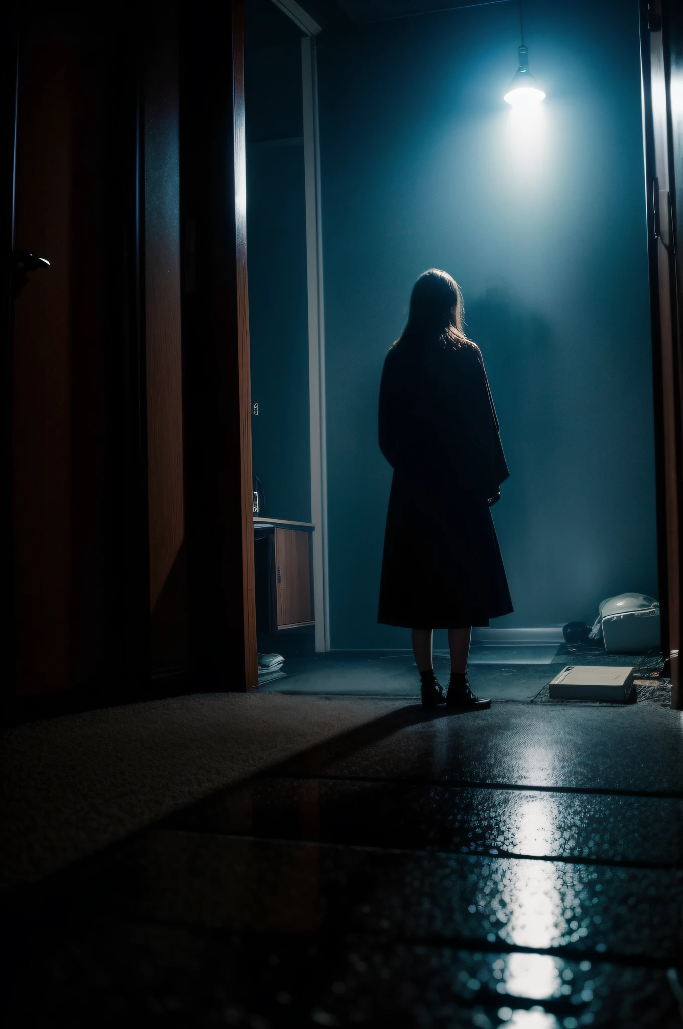 ((deep in the night、mid night、early dawn、In a dream))、((motel、Motel Area、Ruins、Less light))、((Standing Woman、Depressed woman))、One Clown、Foggy、Sateen、reflection、Nostalgic but unsettling photos、Images in a dream、horor、Pretty dark image、Grainy photo、Film Touch、color photograph、, Wide Shot, ultra wide-angle,