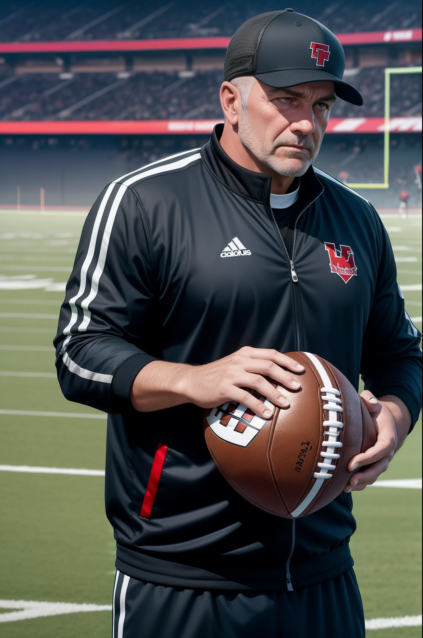 A football coach with a football jacket and a cap on his head, He's with the crusader thinking and looking at the field
