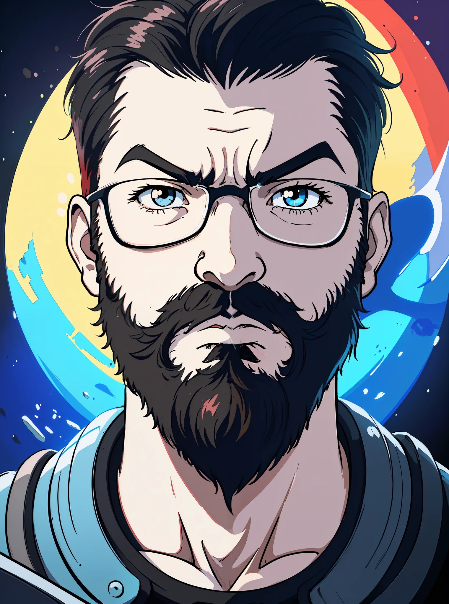 there is a man with a beard and a beardless face, epic character portrait, a portrait of rahul kohli, valorant character, character portrait closeup, closeup character portrait, full face epic portrait, character close up, epic portrait illustration, close up character, painted character portrait, epic game portrait, a character portrait, character art closeup, portrait of adam Jensen, 3c Computer Sub-Products, iPad, iPhone, Digital Painting, 3D character design by Mark Clairedon and Pixar and Hayao Miyazaki and Akira Toriyama, the illustrations are HD illustrations in 4K resolution with highly detailed facial features and cartoon-style visuals