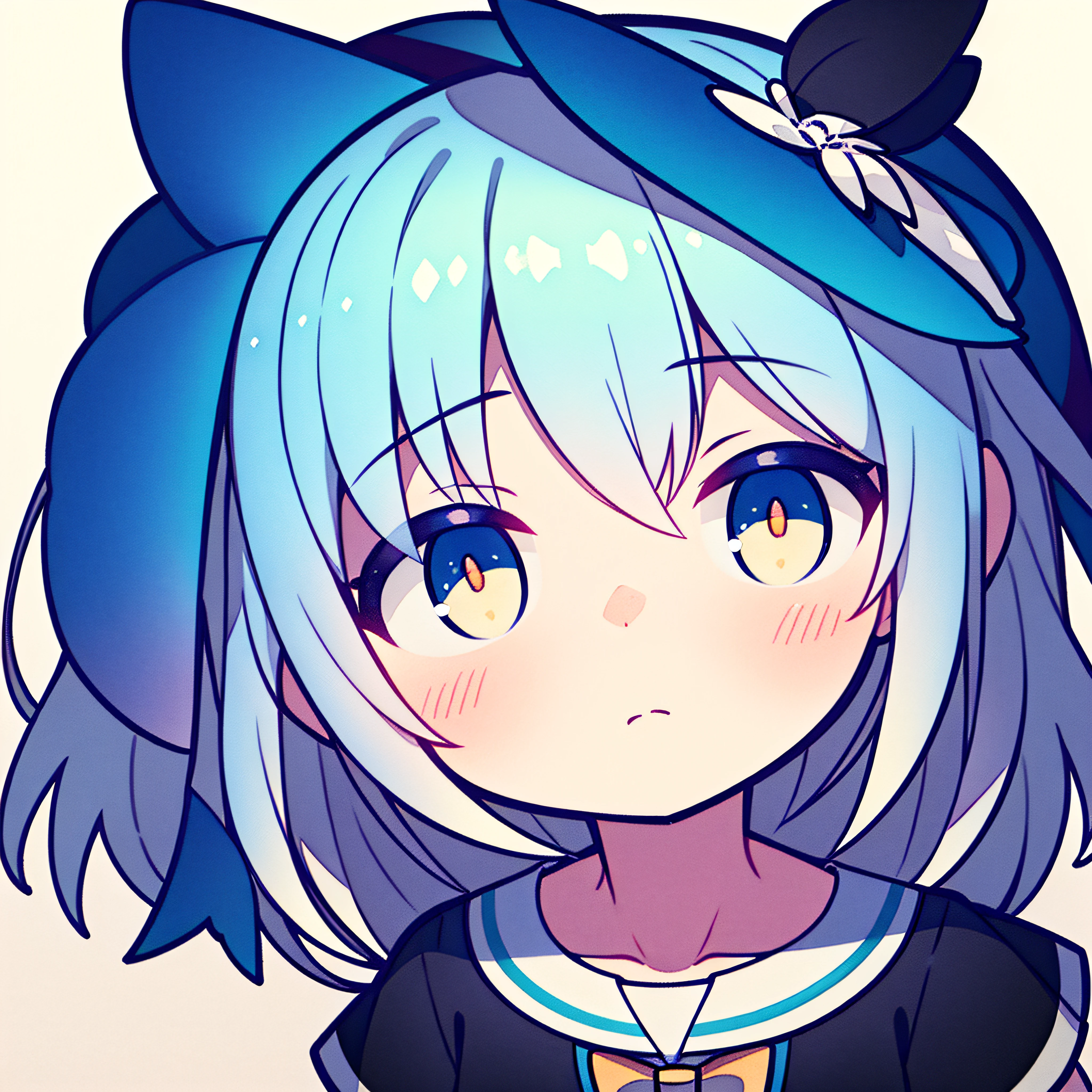 fish on the head, solo, 1 girl, looking at viewer, upright, concept art, white background, simple background, white hair, gradient hair, short sleeves, watercolor pencil, expressionless, blush, virtual youtuber
