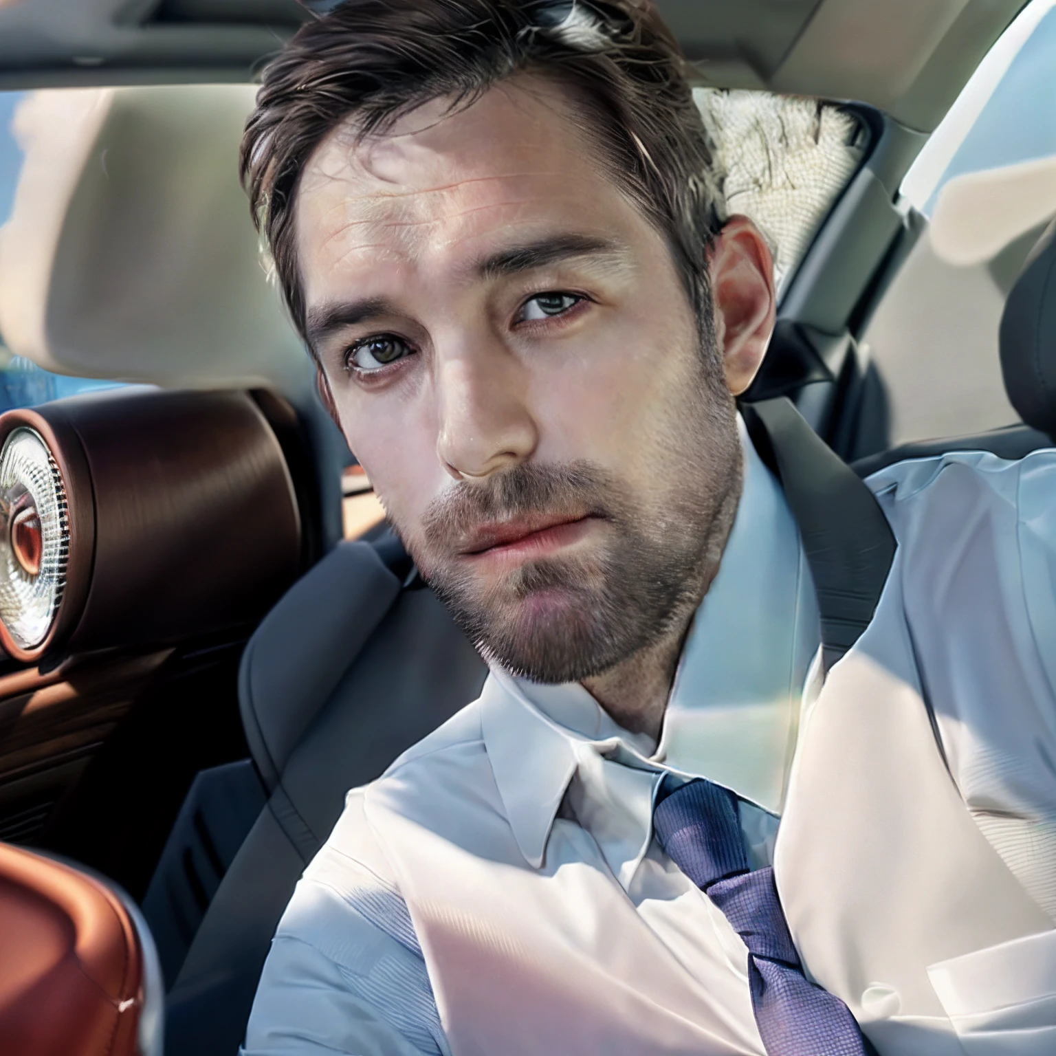 there is a man sitting in a car with a tie on, good looking face, taken in the early 2020s, really good looking face!!, 30 year old man, man in his 30s, looking to his side, looking to the side off camera, 3 2 years old, looking serious, 🪔 🎨;🌞🌄