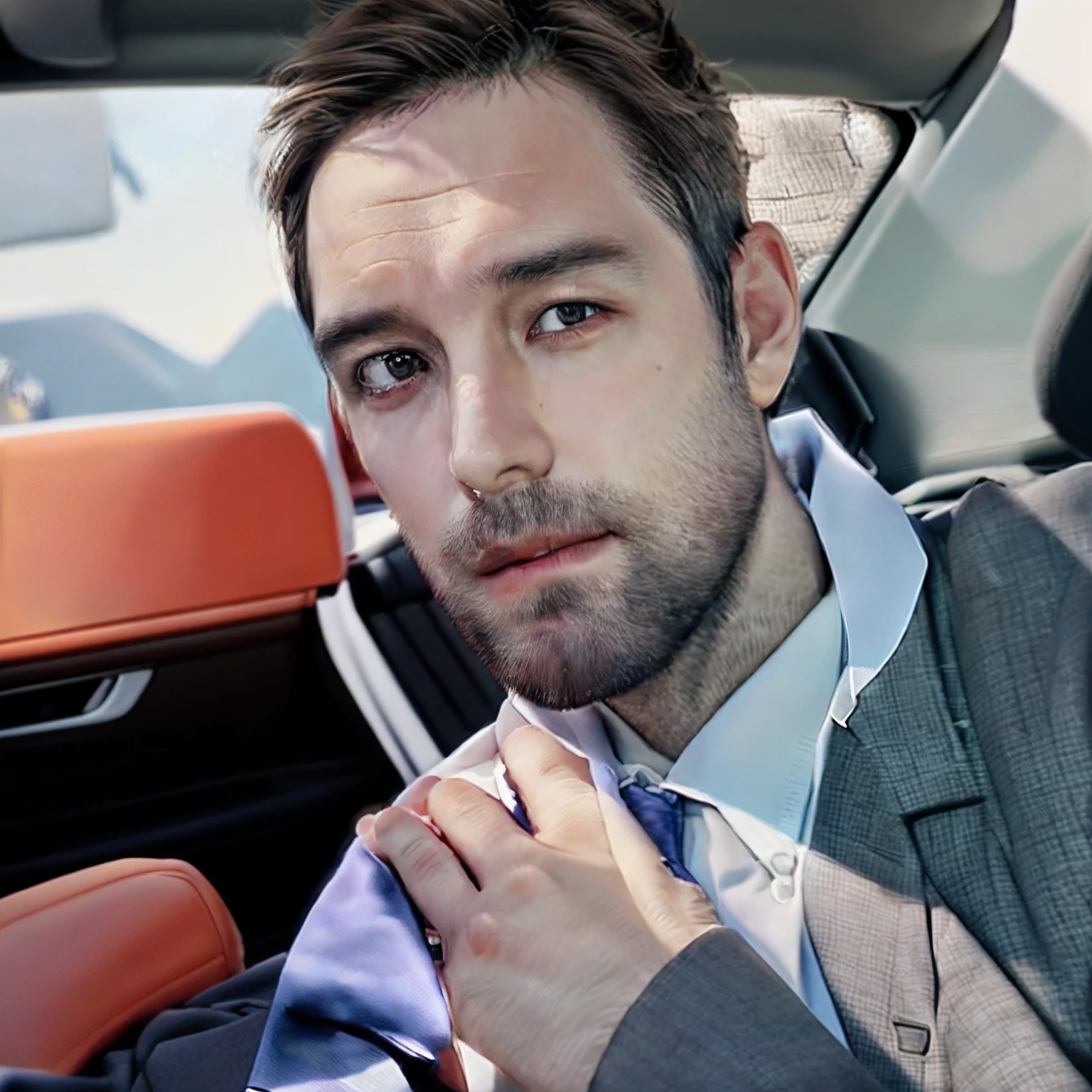 there is a man sitting in a car with a tie on, good looking face, taken in the early 2020s, really good looking face!!, 30 year old man, man in his 30s, looking to his side, looking to the side off camera, 3 2 years old, looking serious, 🪔 🎨;🌞🌄