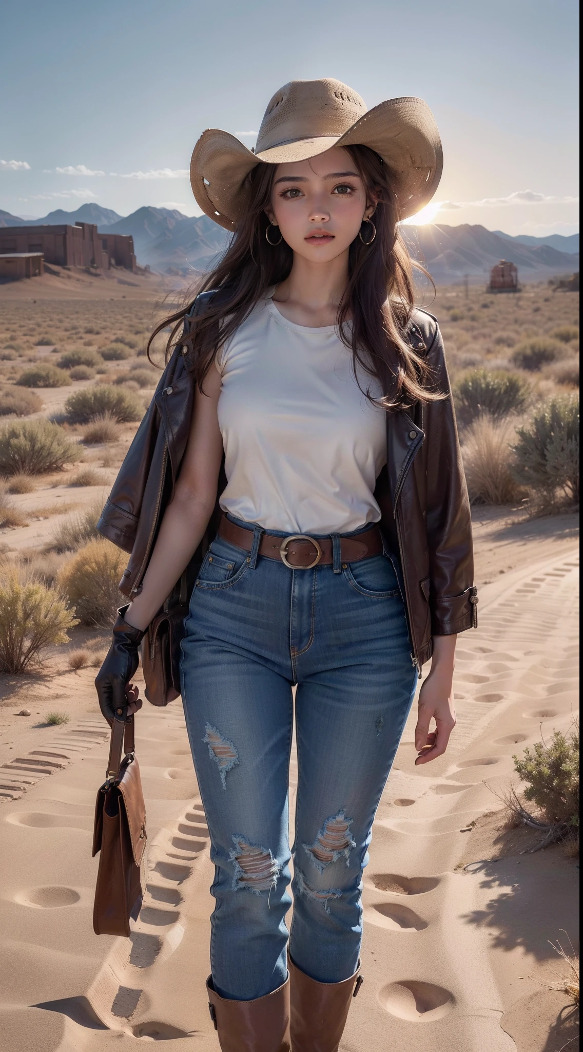 (((UHD))), (((masterpiece))), (((8k))), (((highres))), (((Surrealism))), (((cinematic lighting))), god rays, zoom layer, 1girl, (((cowboy shot))), f/4.0, Canon, The beautiful yet ephemeral cowgirl , 18yo girl, beautiful face, shiny skin,Standing in the vast desert wilderness, (with the sun setting in the western sky), (dust dances in the air), detailed skin,detailed face,detailed eyes , wavy brown long hair, white shirt that billows in the breeze, A vintage leather jacket drapes over her shoulders, vintage denim jeans,  weathered leather belt, with a revolver holstered on her belt, dirt-covered boots, leather gloves, silver rings, and stone earrings, an old ranch sign and the withered vegetation.