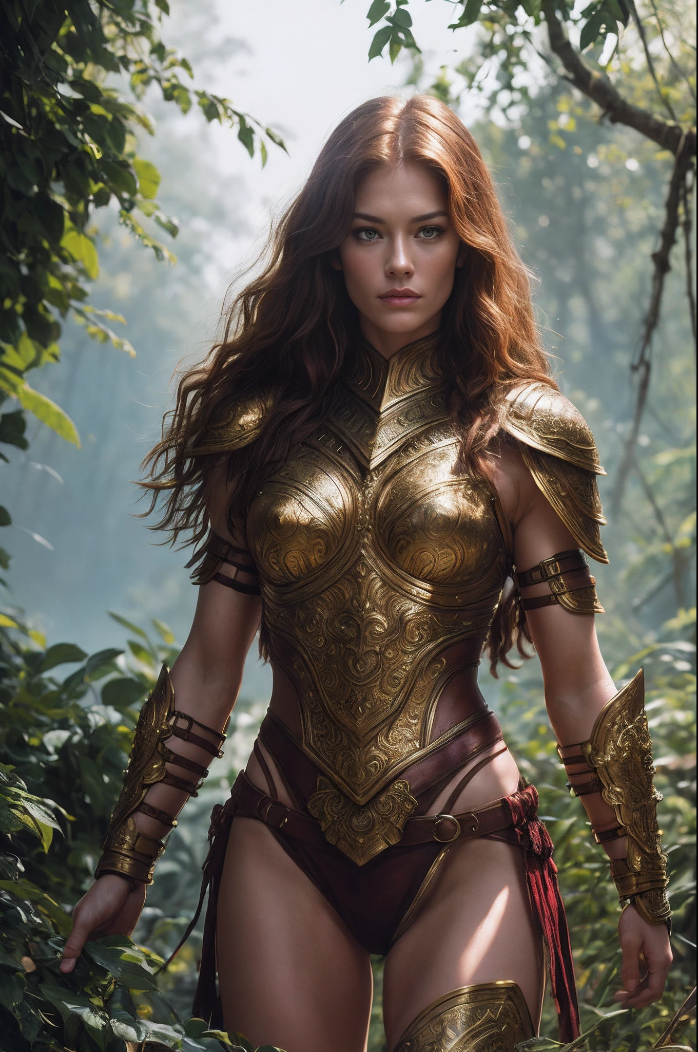 Masterpiece, a beautiful Amazon warrior, (Alyssa Sutherland:1.0), high detail plate armor, filigree, small breasts, (strong muscular body), (short brown matted hair), legantasy battlefield background), wartorn environment, magical war, HD, (skin texture:1.1), best quality, ultra high res, (photorealistic: 1.4), Raw photo, by Ellen von Unwerth, Nikon D850 Film Stock Photography, F1.6 Lens, Rich Colors, Realistic, Cinestill 800, backlight, rimlighting, studiolighting, sunlight, close-up